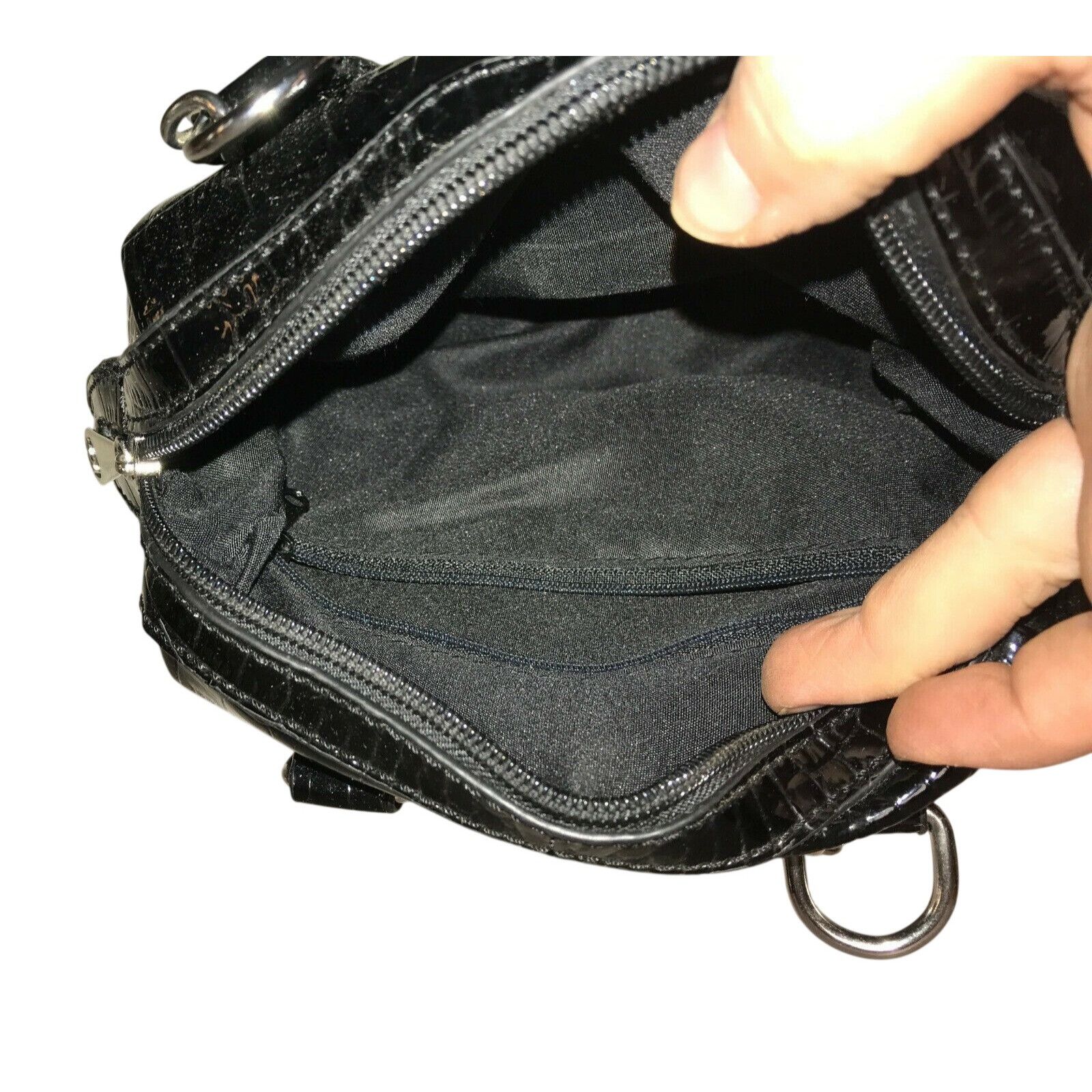 Liz Claiborne Liz Claiborne Black HandBag Purse Shiny Faux Croc Leather Size ONE SIZE - 5 Thumbnail