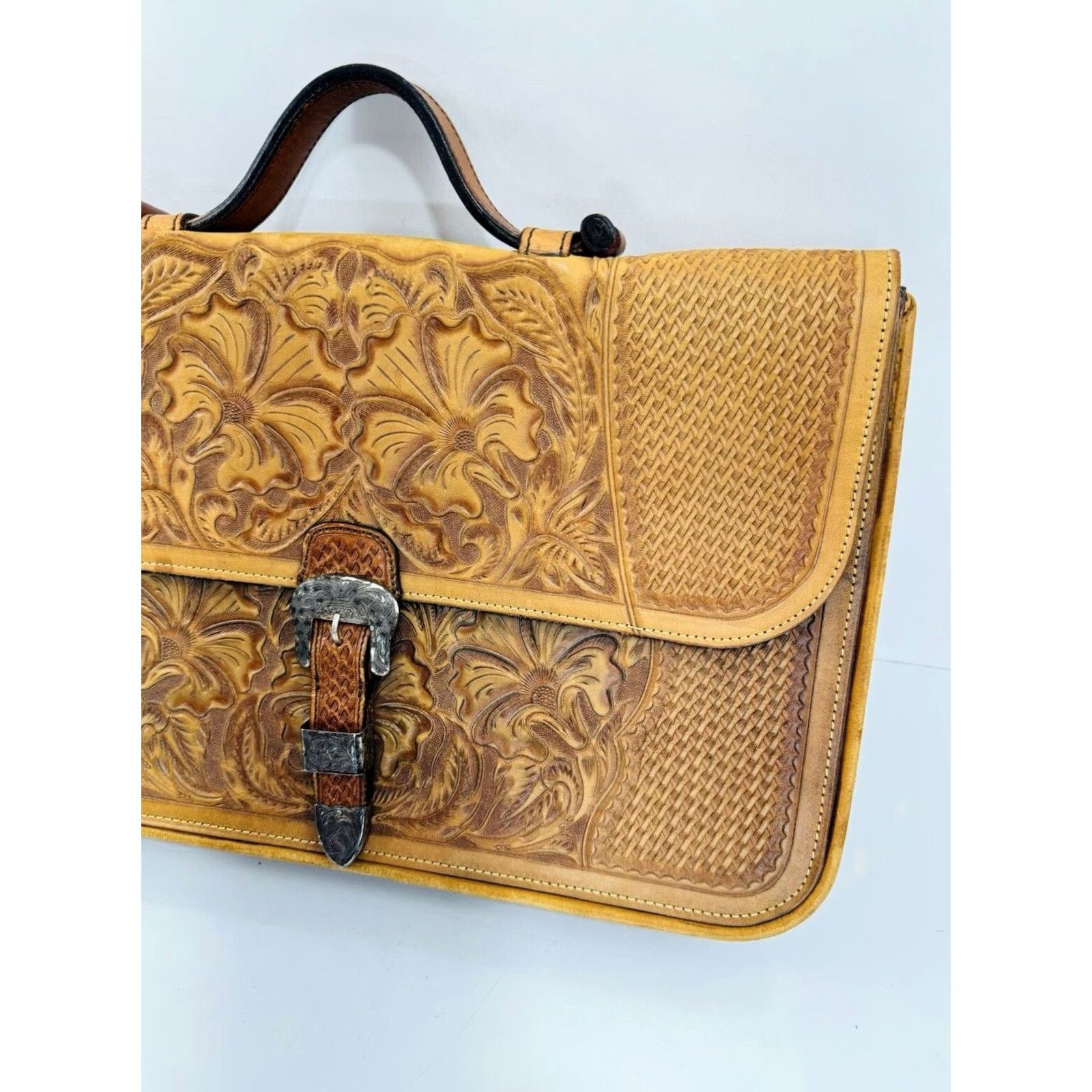 Vintage VOGT Hand Made Tooled LEATHER Vintage Mexico Briefcase Purse Bag Brown 16.25" Long 10.5" Tall 4" Width Leather Handbag Satchel Purse Bag Mens Womens Size ONE SIZE - 3 Thumbnail