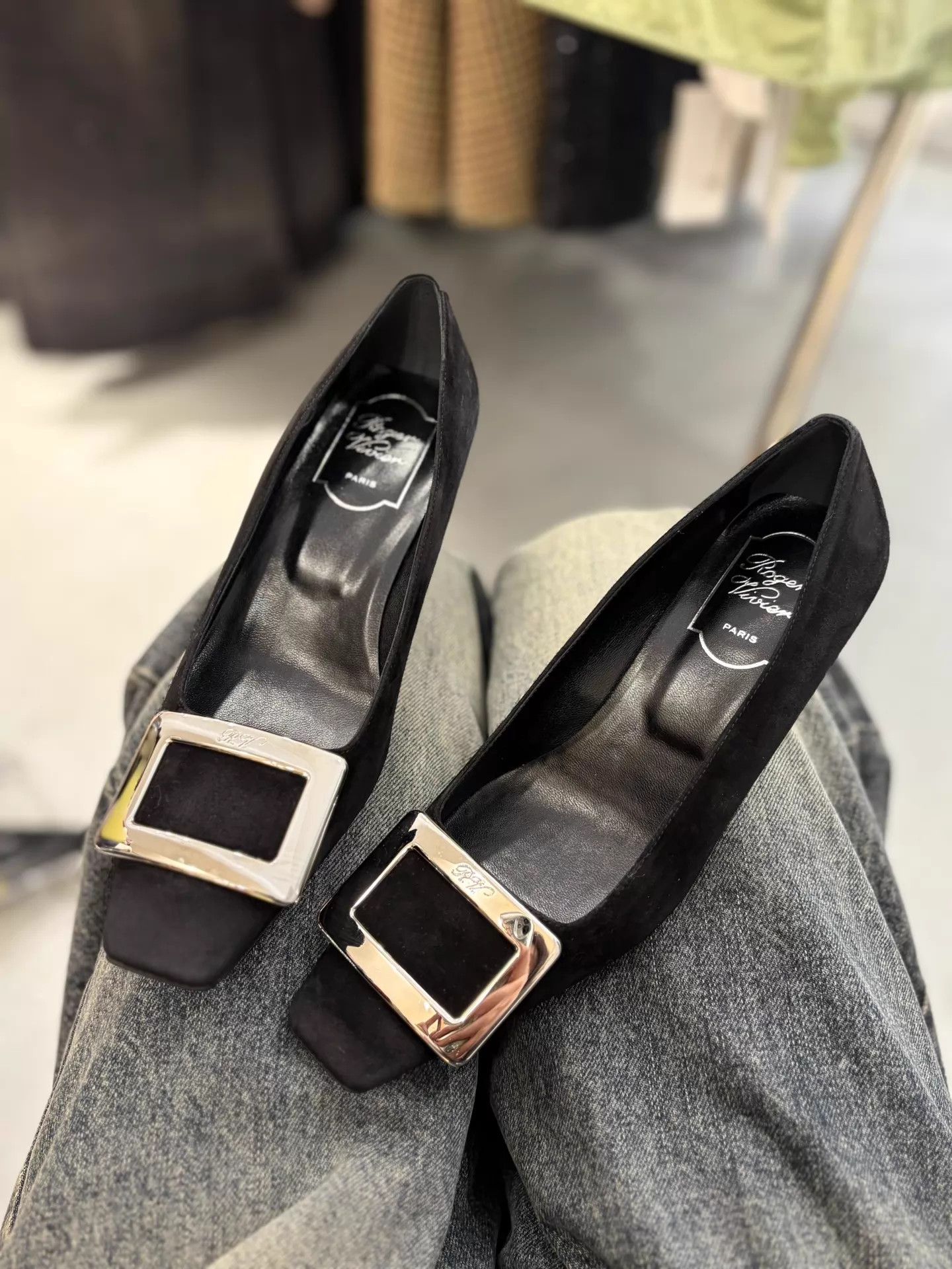 Roger Vivier RV Black Suede Classic Heels Silver Buckle New 36.5 (37 fit) Size US 6 / IT 36 - 1 Thumbnail
