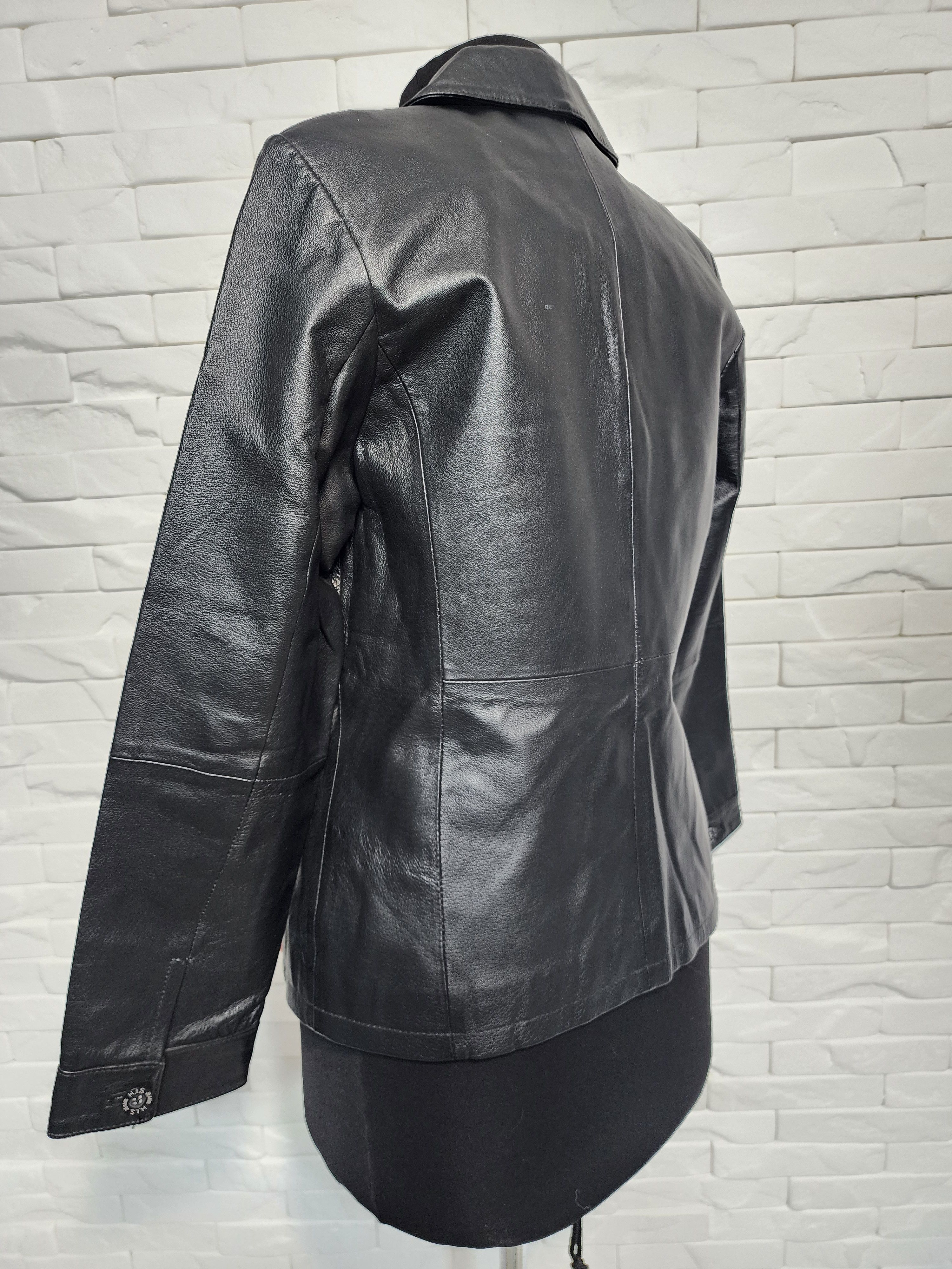Genuine Leather Black Leather Jacket: Buttoned Women's Coat Size M / US 6-8 / IT 42-44 - 6 Thumbnail