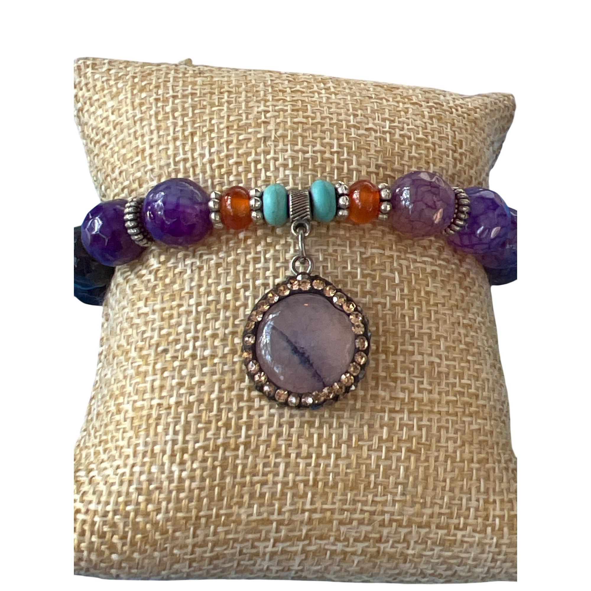 Other Amethyst Beaded Stretch Bracelet Silver Tone Dangle Rhinesto Size ONE SIZE - 1 Thumbnail