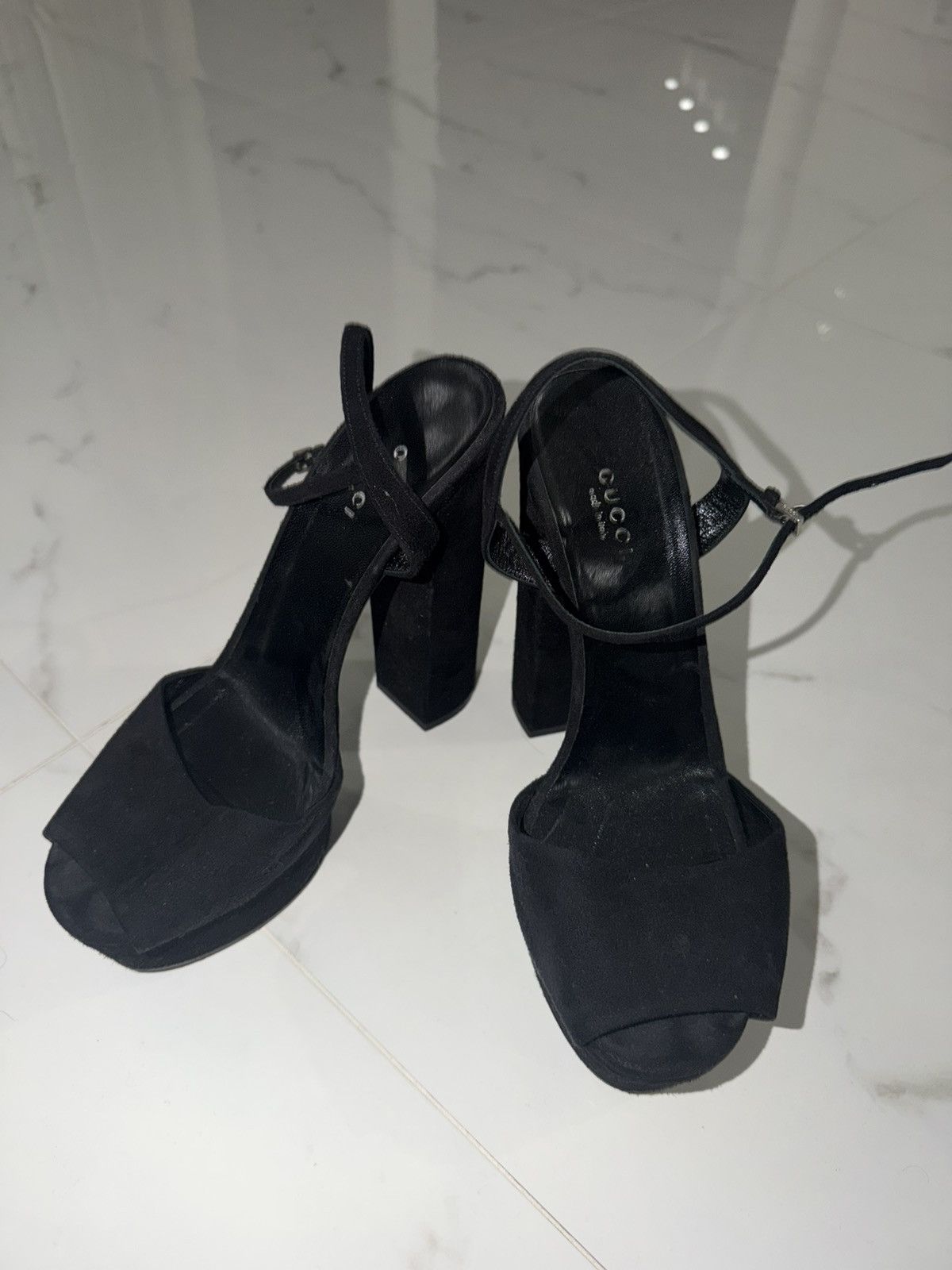 Gucci Gucci Black Suede Platform Heels / Ankle Strap Sandals Size US 8 / IT 38 - 1 Thumbnail