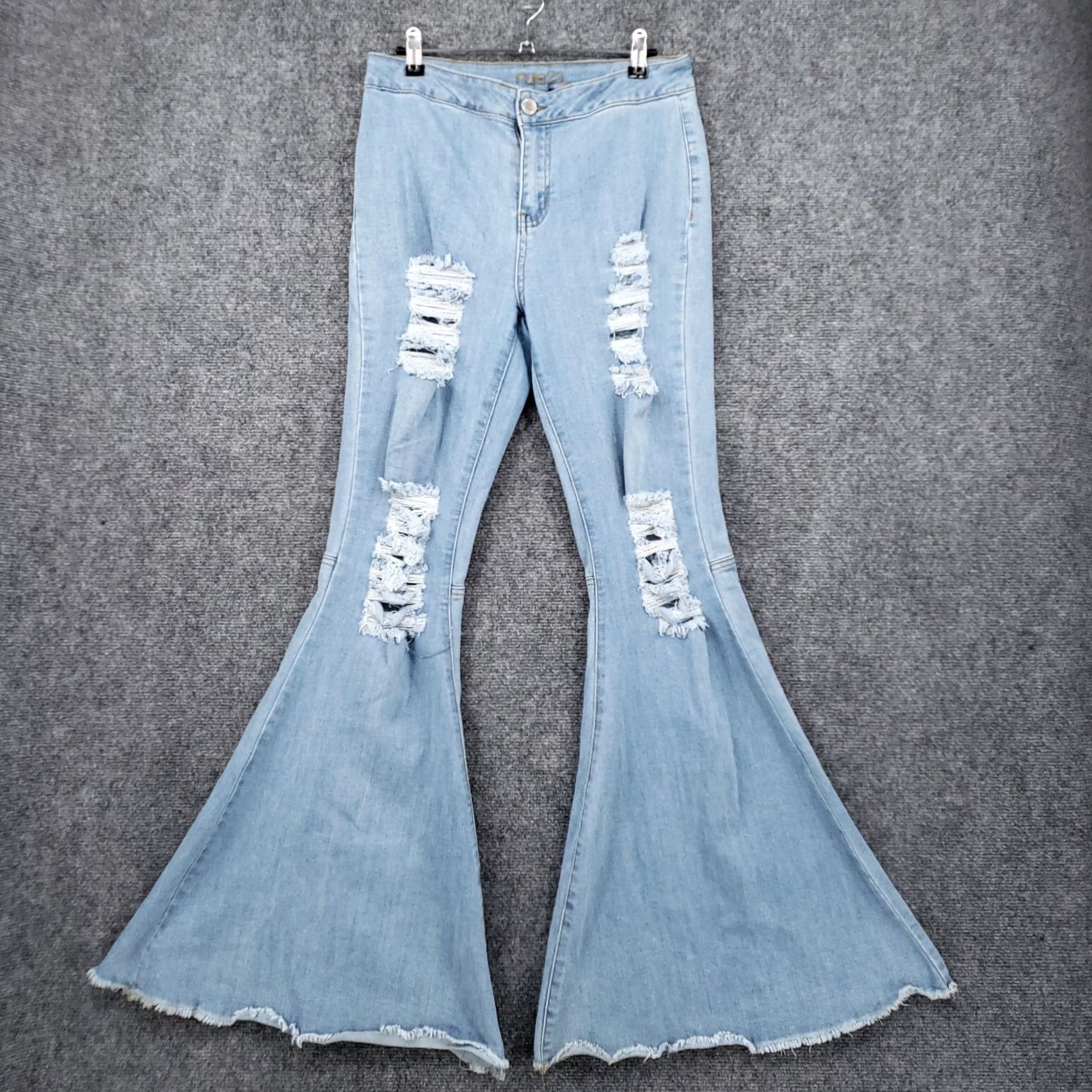 Vintage Rue21 Jeans Womens 7 Junior Blue Flare Bell Bottom Ripped Light Wash Stretch Y2K Jeans Size 28" / US 6 / IT 42 - 2 Thumbnail