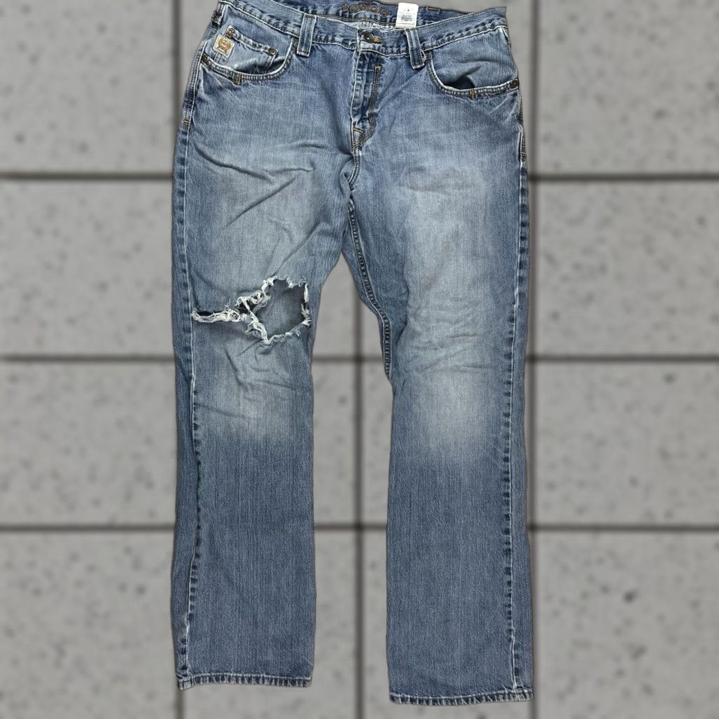 Denime Cinch Jeans Men Distress Bootcut Denim Blue 38x36 Relaxed Regular Cowboy Western Distressed Hole Knee Pockets USA Logo USA Size US 38 / EU 54 - 1 Thumbnail