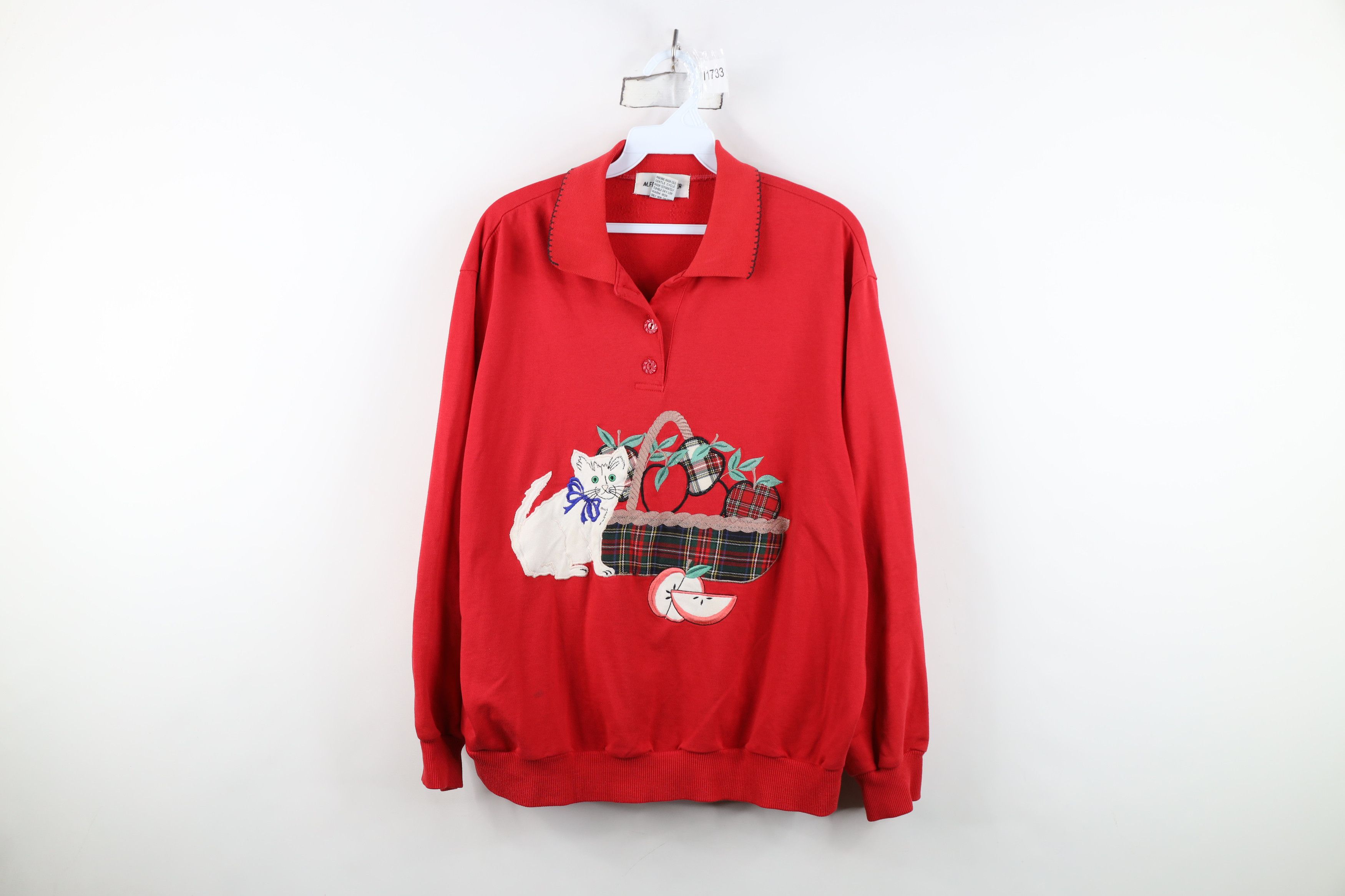 Vintage Vintage 90s Country Cat Kitten Collared Pullover Sweatshirt Size L / US 10 / IT 46 - 1 Thumbnail