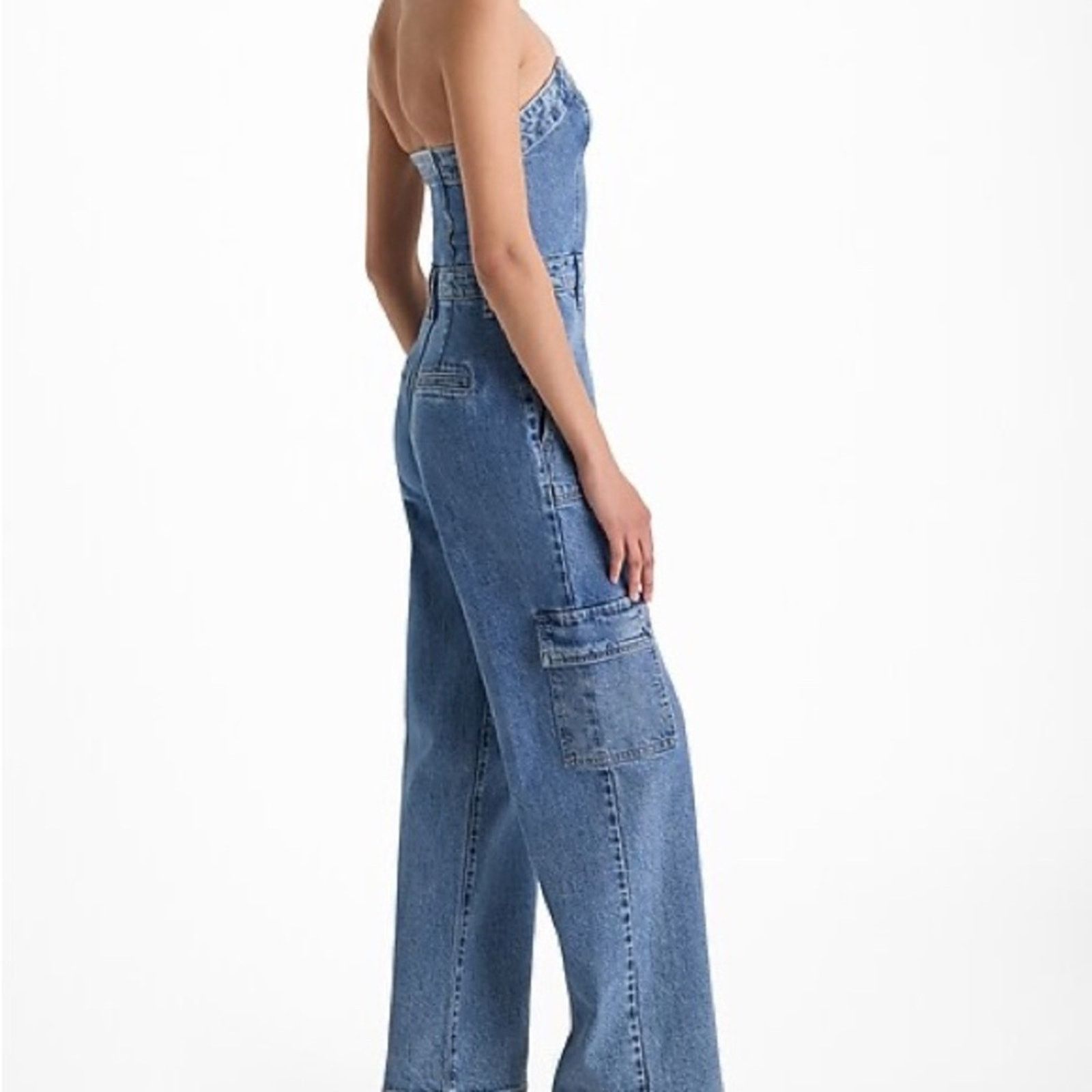 Express Express Strapless Wide Leg Cargo Denim Jumpsuit Womens 12 Size 34" / US 12 / IT 48 - 3 Thumbnail