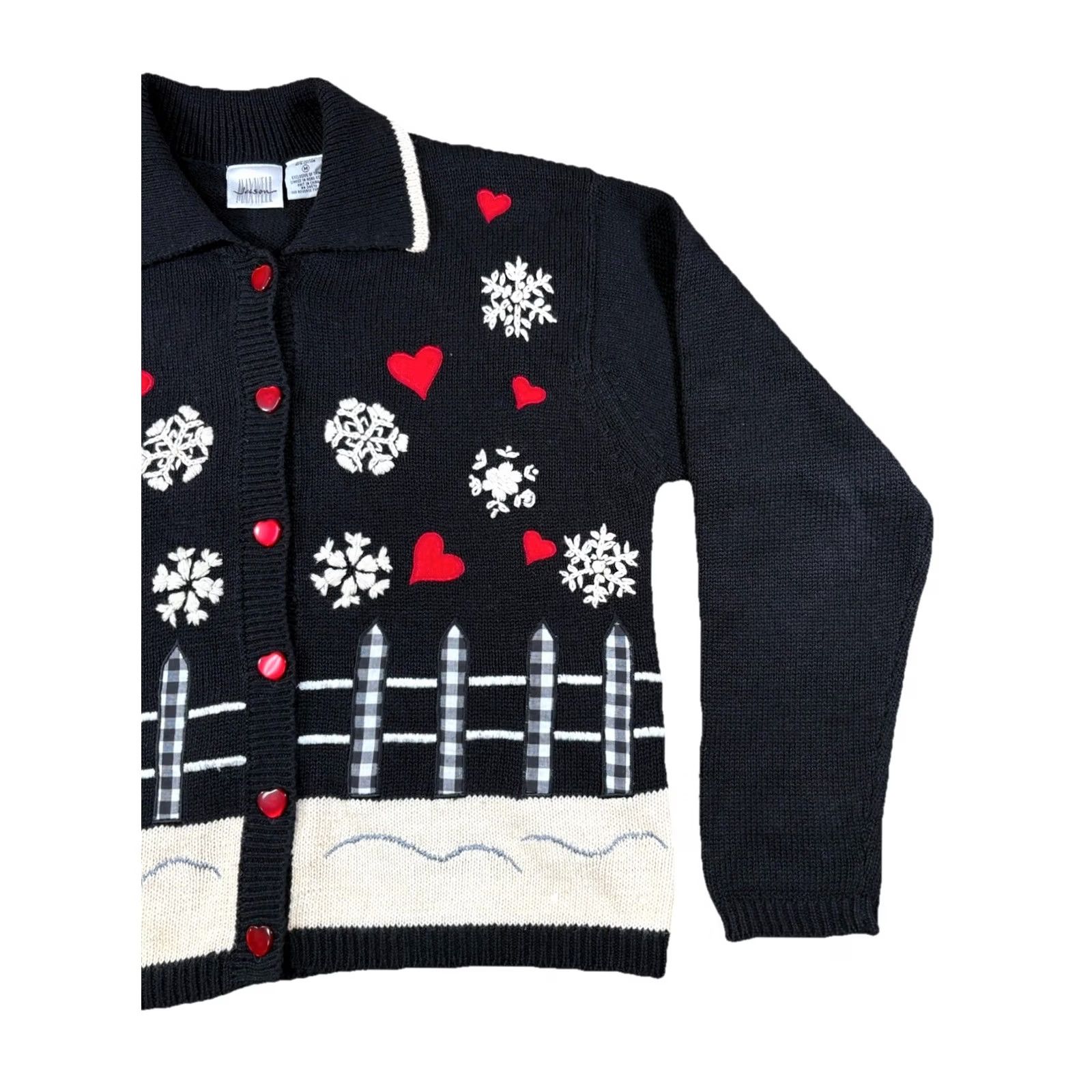 Vintage VINTAGE Jason Maxwell Cardigan Sweater Women M Black Embroidered Snowflakes & Hearts 90s Christmas Holiday Ugly Sweater Size M / US 6-8 / IT 42-44 - 4 Thumbnail