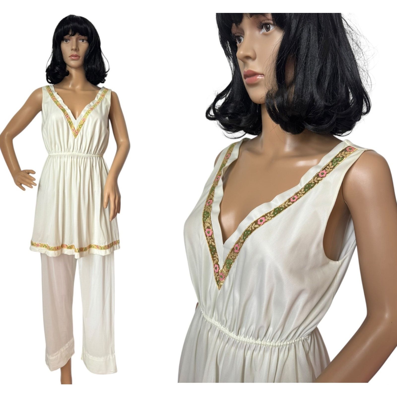 American Vtg Beeline sleeveless Pajama Set Cream Gold pink