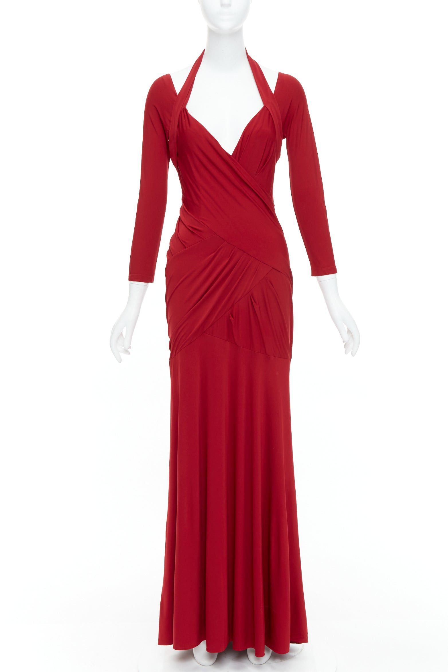 Donna Karan DONNA KARAN red halter plunge tucked draped evening gown dress L Size M / US 6-8 / IT 42-44 - 1 Thumbnail