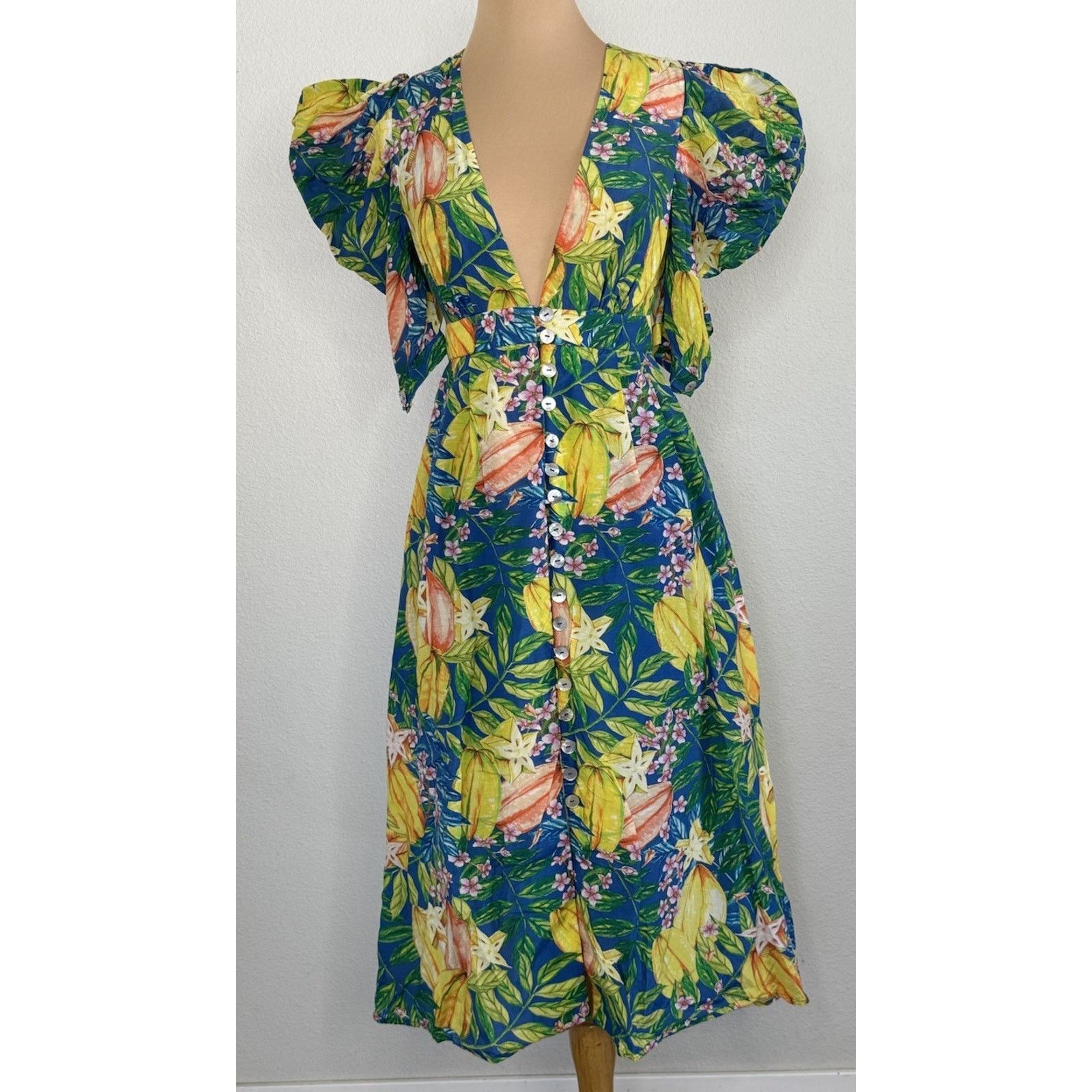 Farm Rio FARM RIO Star Fruits Tropical Puff Sleeve Midi Boho Dress XS Size XS / US 0-2 / IT 36-38 - 3 Thumbnail