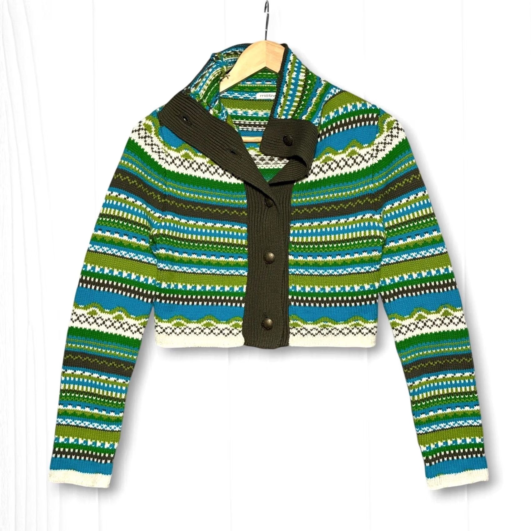 Vintage VINTAGE Motivi Cardigan Womens S Green Blue Fair Isle Cropped Button Front Size S / US 4 / IT 40 - 2 Thumbnail