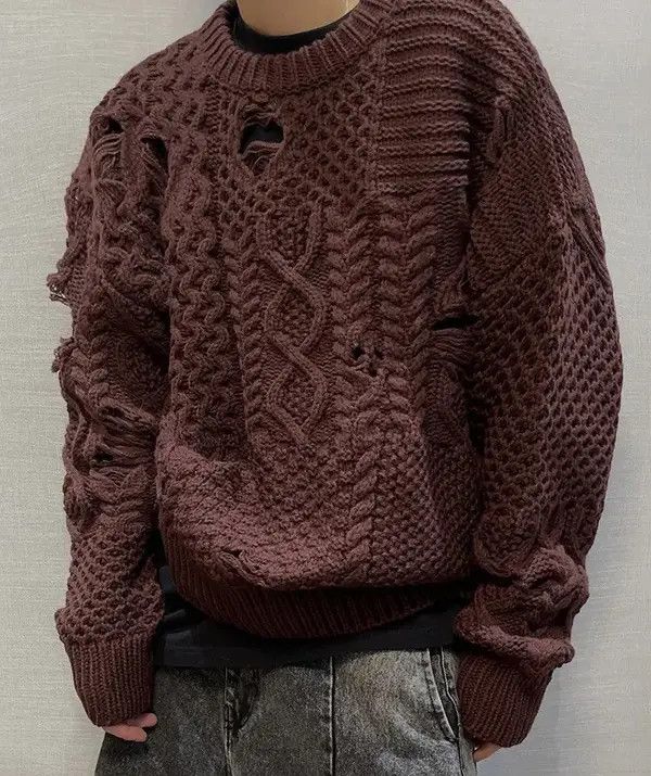 VIBE Retro distressed damage cable knit grunge sweater knitwear Size US XL / EU 56 / 4 - 4 Thumbnail