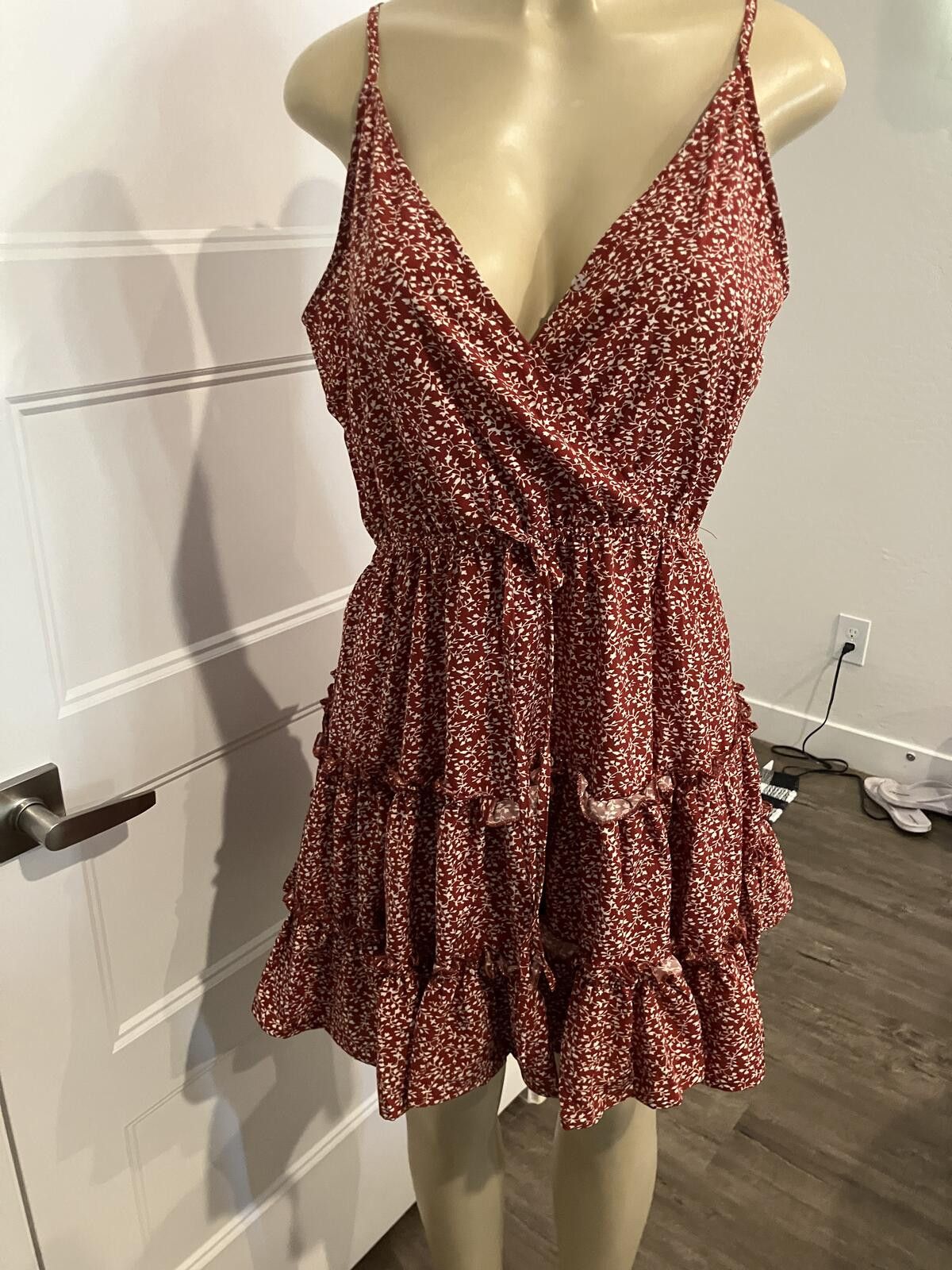 Shein SHEIN Red Floral Tiered Spaghetti Strap Dress Size L / US 10 / IT 46 - 1 Thumbnail