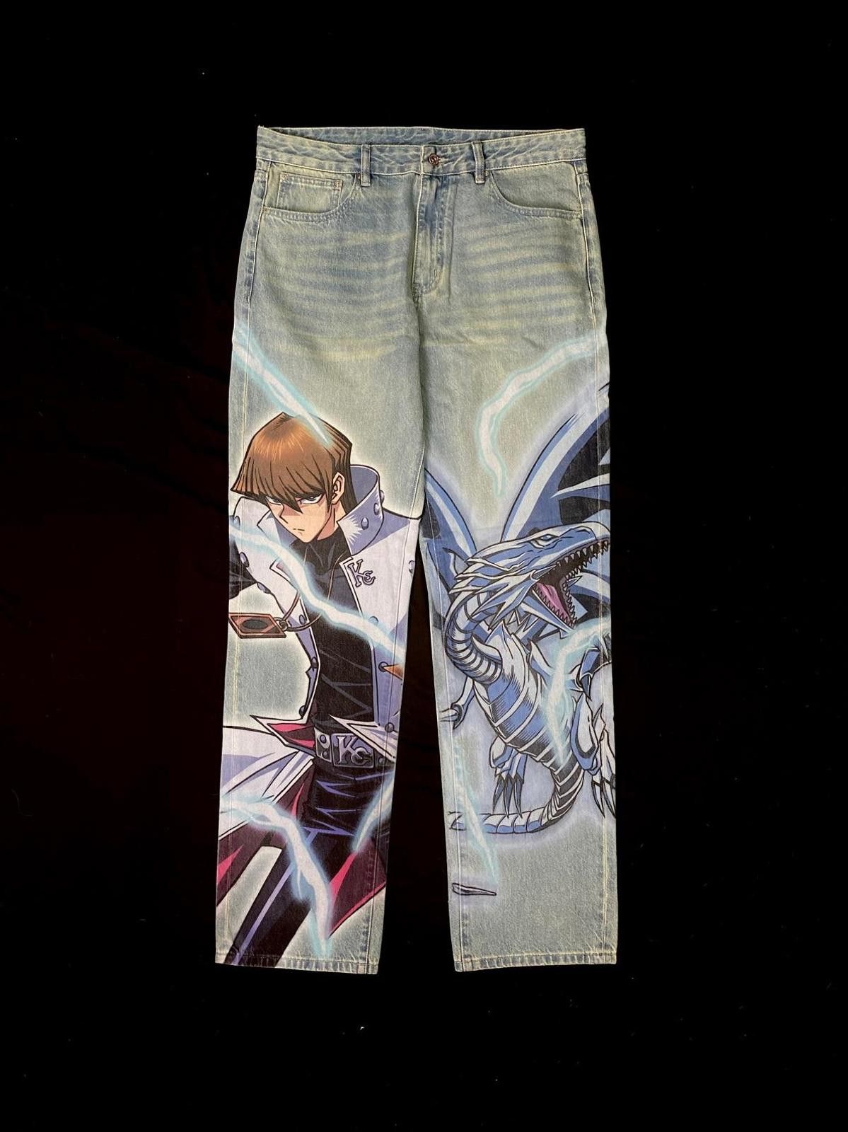 Japanese Brand Whoosis x Yu-Gi-Oh! Blue-Eyes White Dragon Graphic Jeans M Size US 32 / EU 48 - 1 Thumbnail