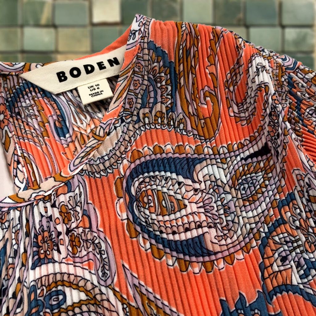 Boden Blouse Womens 6 Orange Paisley Flutter Sleeve Plisse Pullover Top T1356, Women's