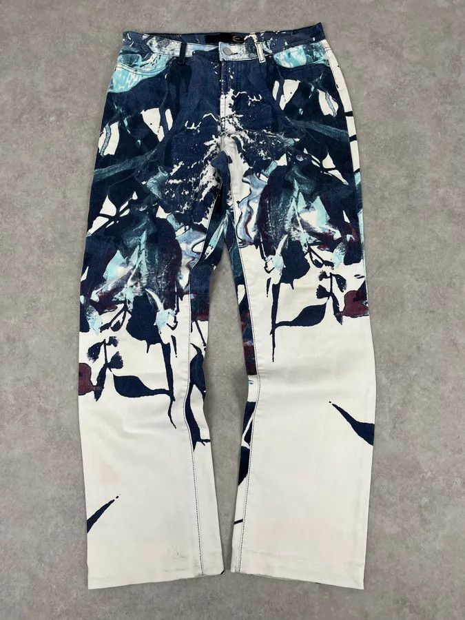 Just Cavalli 2000s Cavalli White Flowers Punk Navy Pants Size US 30 / EU 46 - 1 Thumbnail