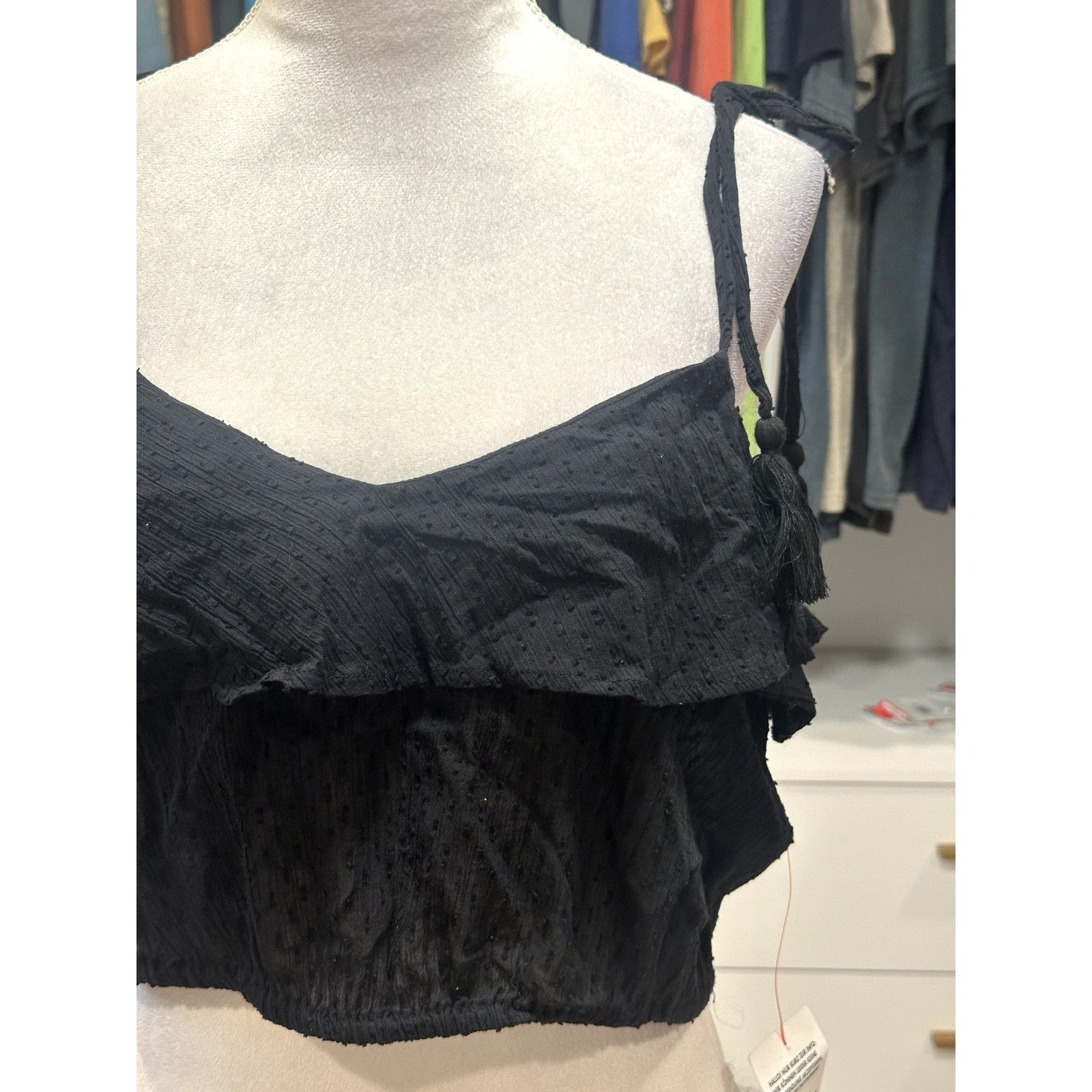 Topshop Topshop Women's Black Ruched Crop Top Tassel Tie Straps 12 Size XL / US 12-14 / IT 48-50 - 4 Thumbnail