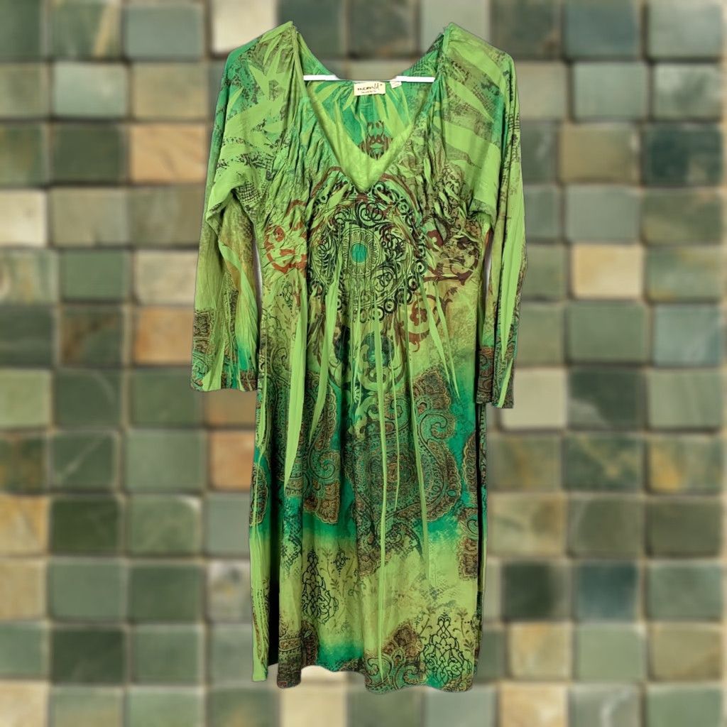 Vintage One World Long Sleeve Dress Lime Green V-Neck Medium Regular Womens Bell Sleeve Casual 90s? Size M / US 6-8 / IT 42-44 - 1 Thumbnail