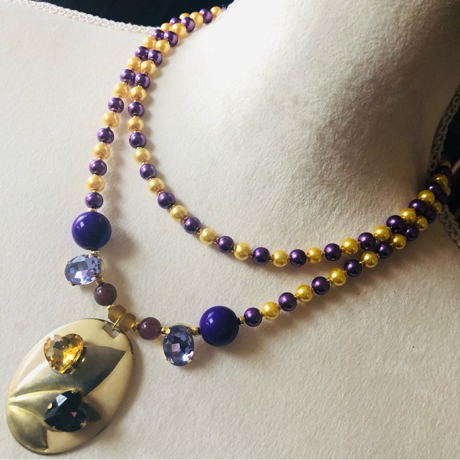 Handmade Handcrafted repurpose purple and gold glass Pearl necklace Size ONE SIZE - 1 Thumbnail