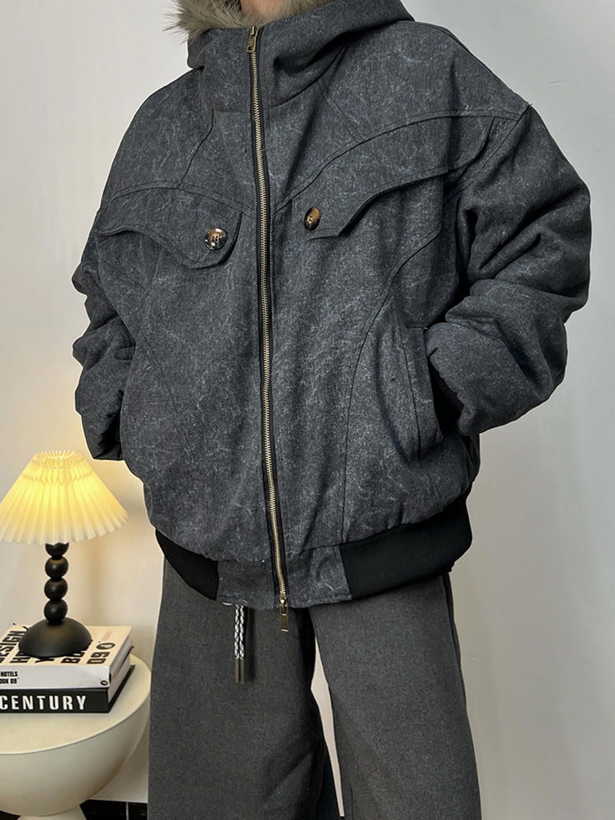 Japanese Brand Gray Hooded Bomber Jacket, Casual Oversized Winter Coat Size US L / EU 52-54 / 3 - 3 Thumbnail