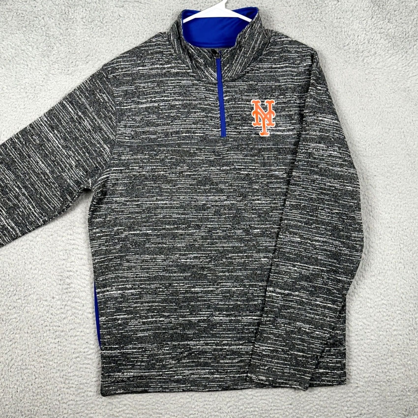Logo 7 Majestic New York Mets Quarter-Zip Pullover Sweatshirt Mens M Gray Space Dye Logo Zip Pocket Mock Neck Fleece Lightweight Size US M / EU 48-50 / 2 - 2 Thumbnail