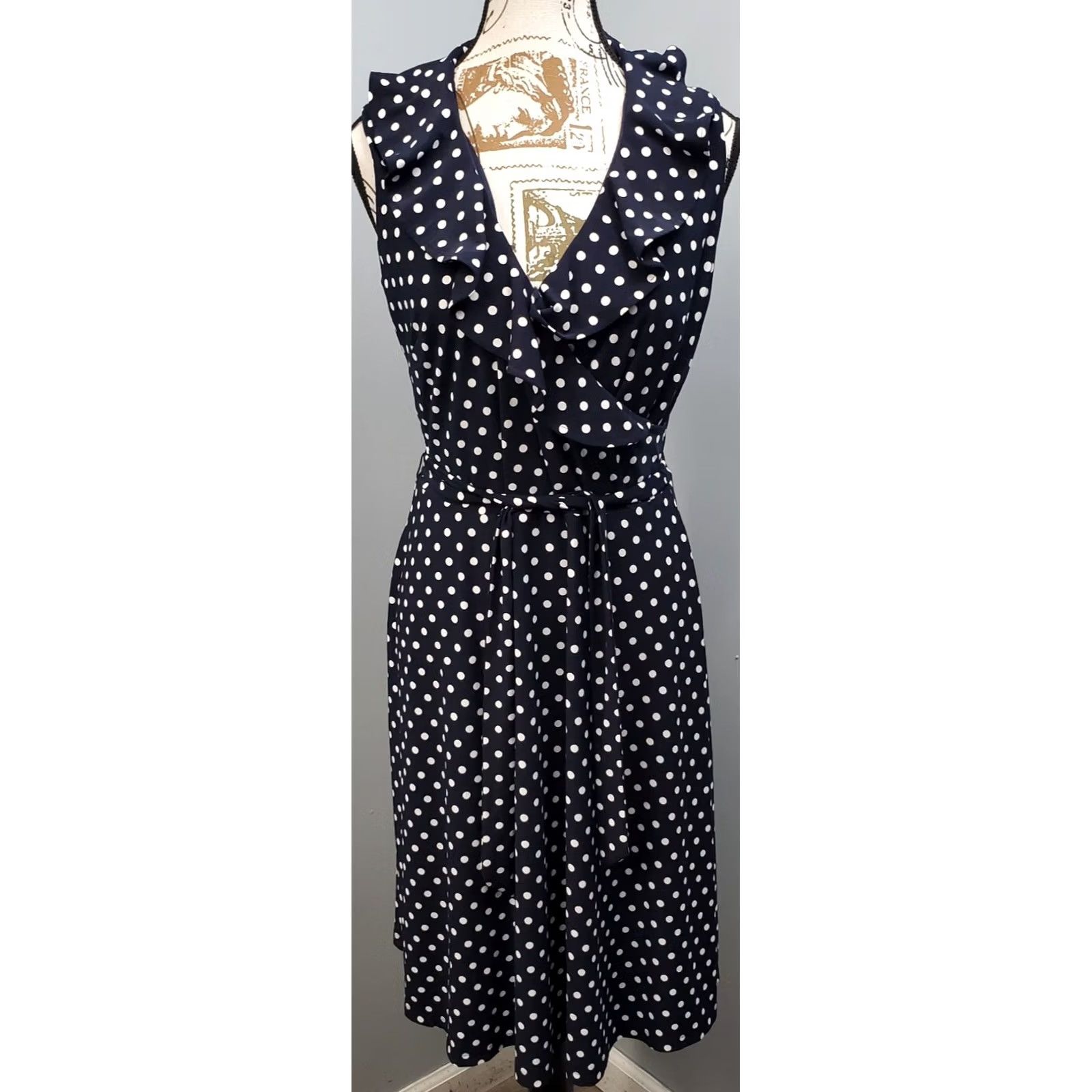 Chaps Chaps Womens Wrap Dress M Sleeveless V-Neck Polka Dot Yellow? Multicolor Blue White Size M / US 6-8 / IT 42-44 - 2 Thumbnail