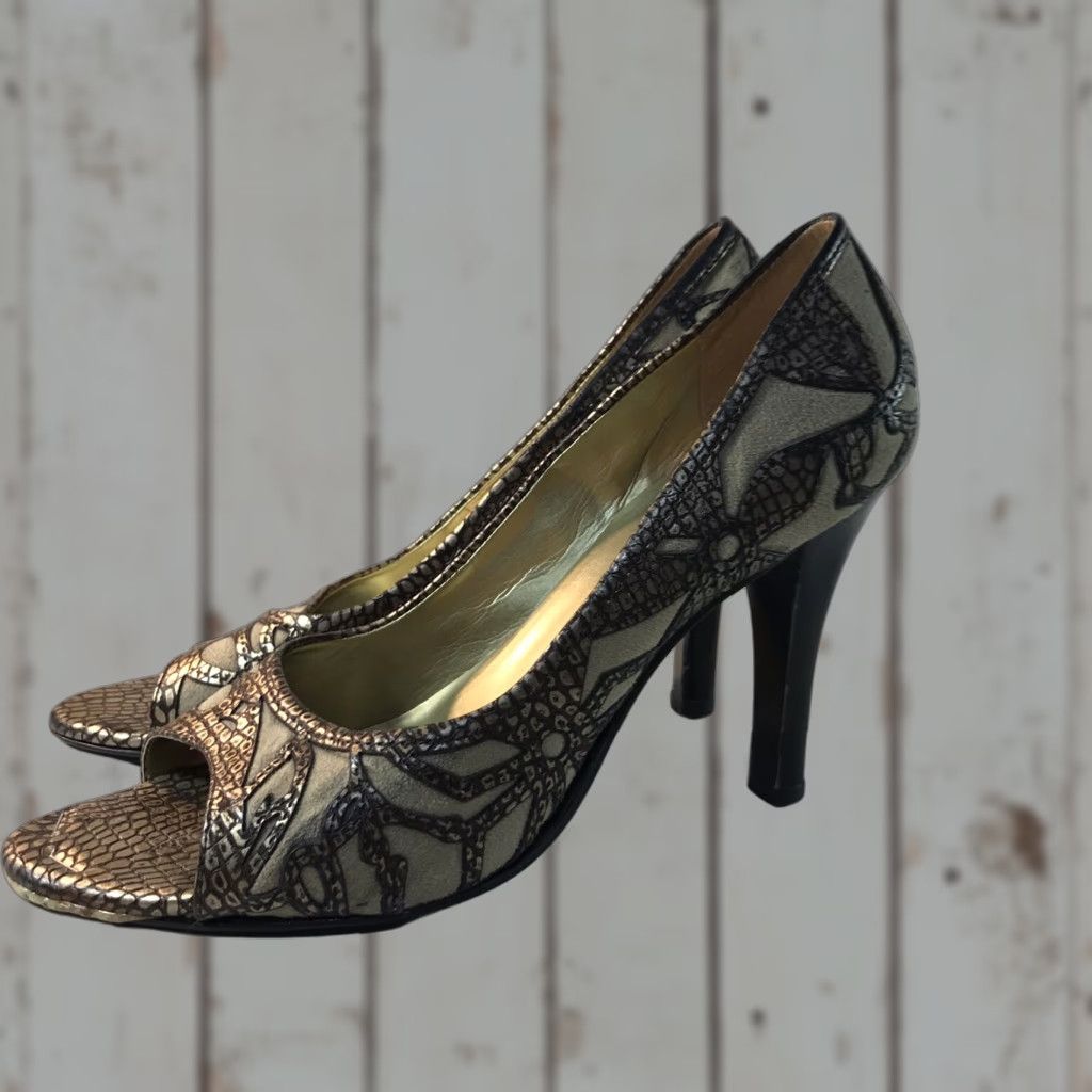 Carlos Santos Carlos Santana Heels Beige Suede/Brown Leather Open Toe Pump Womens Size 8.5M Ultra High 4in Bohemian Size US 9 / IT 39 - 1 Thumbnail