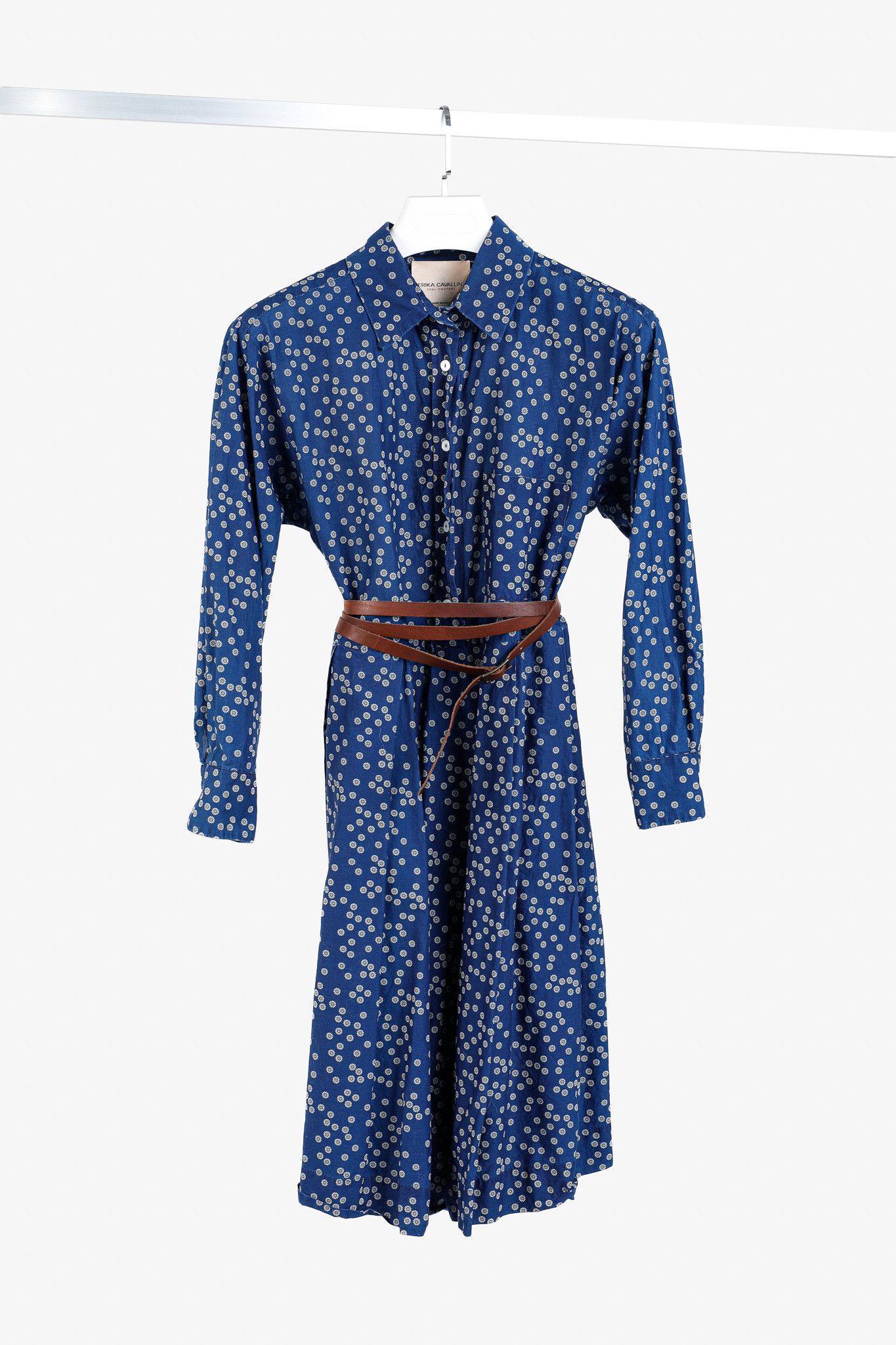 Designer Erika Cavallini SS/15 Blue Daisy Cotton Belted Shirt Dress Size XS / US 0-2 / IT 36-38 - 1 Thumbnail
