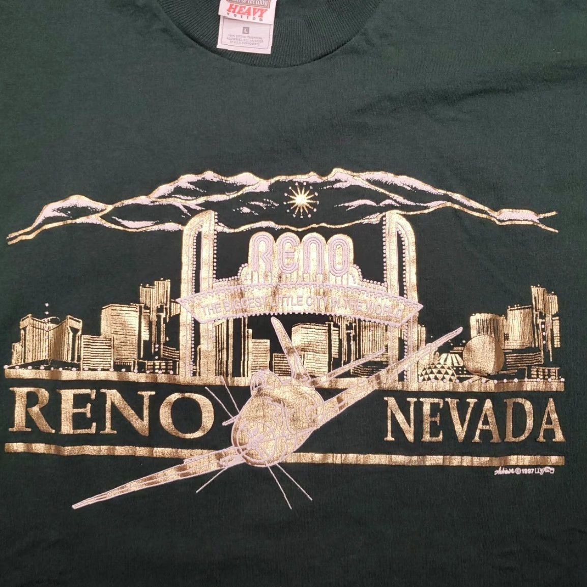 Fruit Of The Loom VINTAGE Reno Nevada Shirt Mens L Green 90s Skyline Gold Graphics Tourist TEE Size US L / EU 52-54 / 3 - 3 Thumbnail