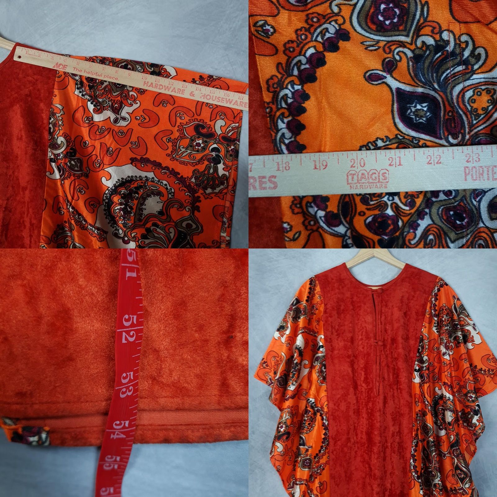 Velvet VINTAGE Maeko's Kaftan Dress Womens One Size Orange Velvet Paisley Maxi 70s Size ONE SIZE - 9 Thumbnail