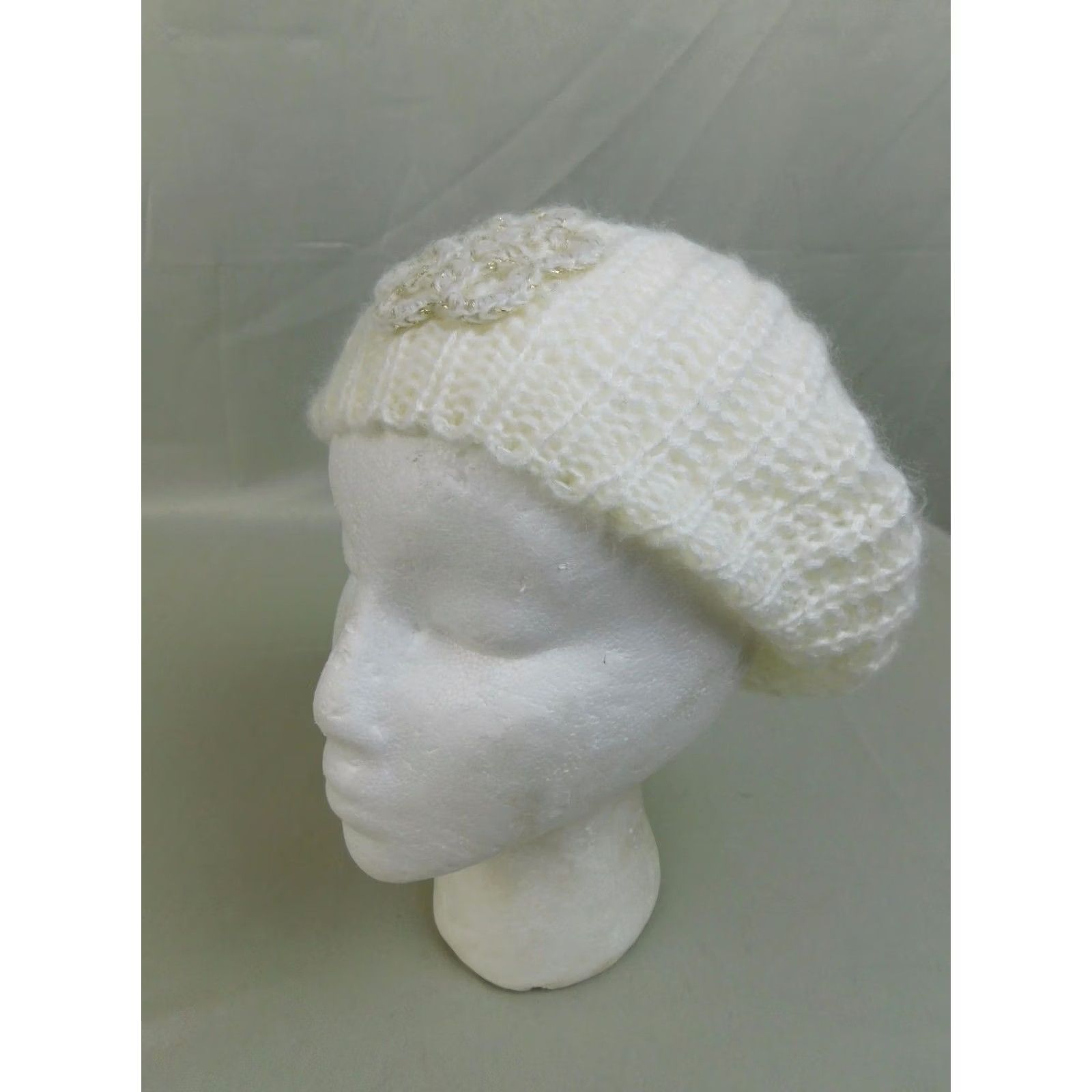 Vintage INC International Concepts Beret Hat Crochet Flower Ivory One Size Womens Knit Acrylic Size ONE SIZE - 3 Thumbnail