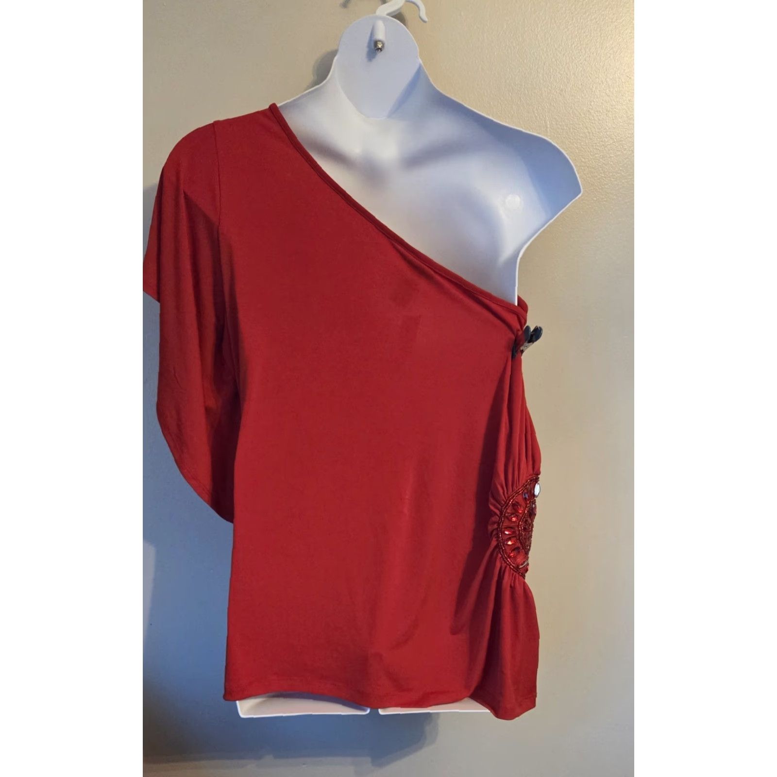 Vintage Lane Bryant Blouse Top One Shoulder Beaded Rhinestones NWT Plus 24 Red Sleeveless Asymmetrical Shoulder Women, Blouse Size 4XL / US 24-26 - 3 Thumbnail
