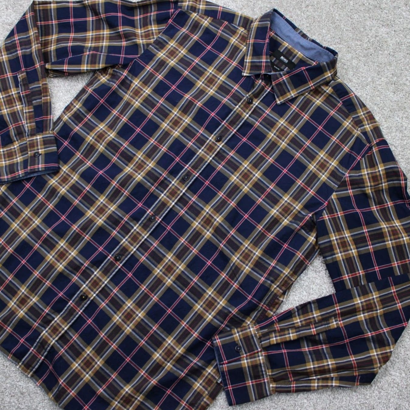 Hugo Boss HUGO BOSS Shirt Mens XL Slim Fit Cotton Blue/Red/Yellow Button-Up L/S Plaid Size US XL / EU 56 / 4 - 4 Thumbnail