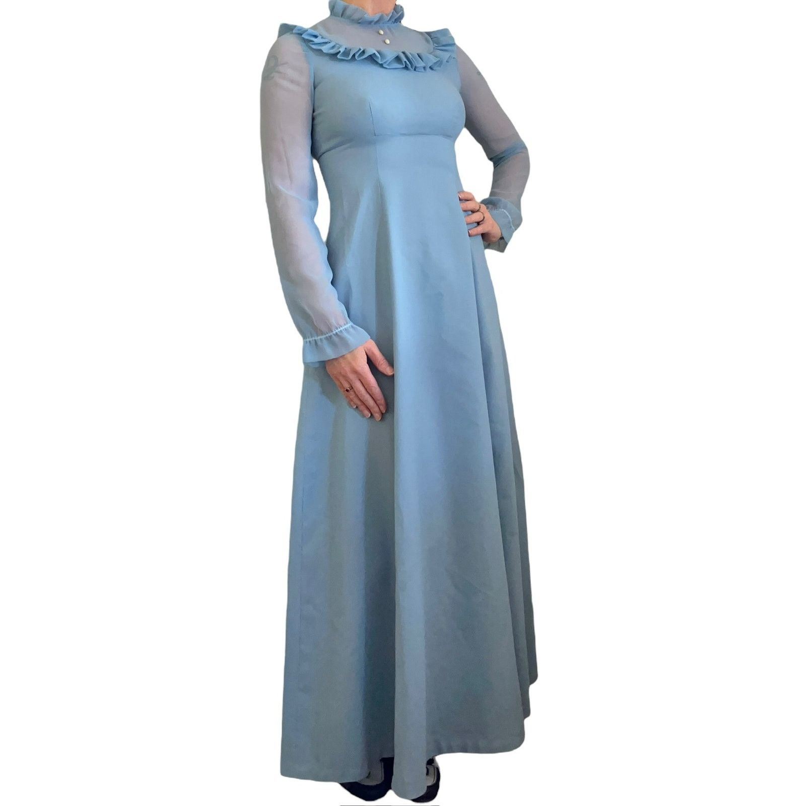 Vintage Vintage Dusty Blue Ruffle Collar Prairie Maxi Dress Size XS / US 0-2 / IT 36-38 - 1 Thumbnail