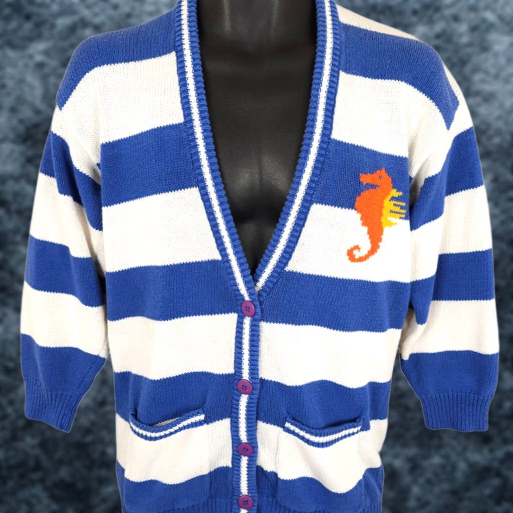 Vintage VINTAGE Counterparts Seahorse Cardigan Sweater Womens Petite Blue 90s Striped Knit Cardigan Women XS- petite Size S / US 4 / IT 40 - 1 Thumbnail