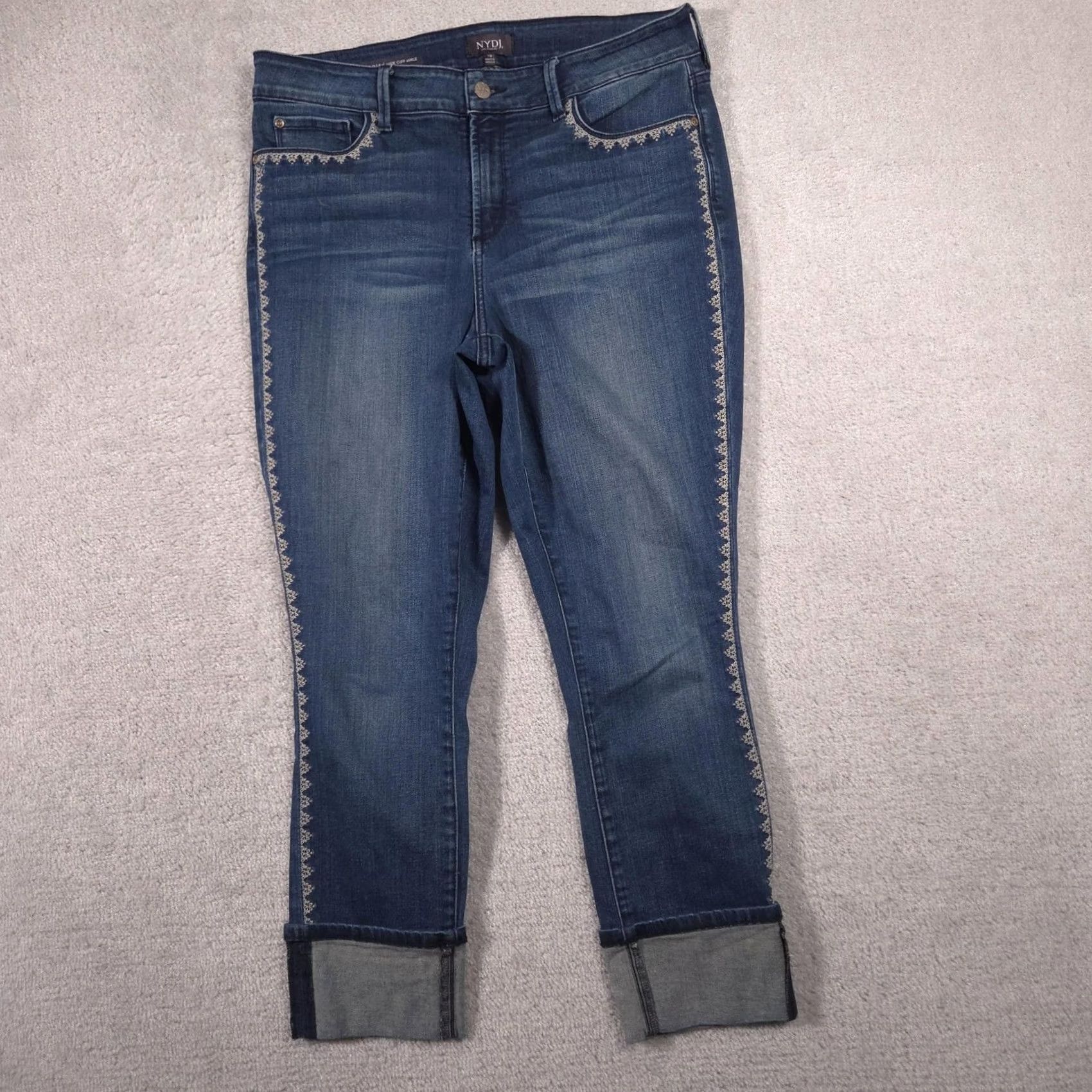 NYDJ NYDJ Alina Wide Cuff Ankle Jeans Womens 12 Blue Mid Rise Stretch Embroidered Size 34" / US 12 / IT 48 - 3 Thumbnail