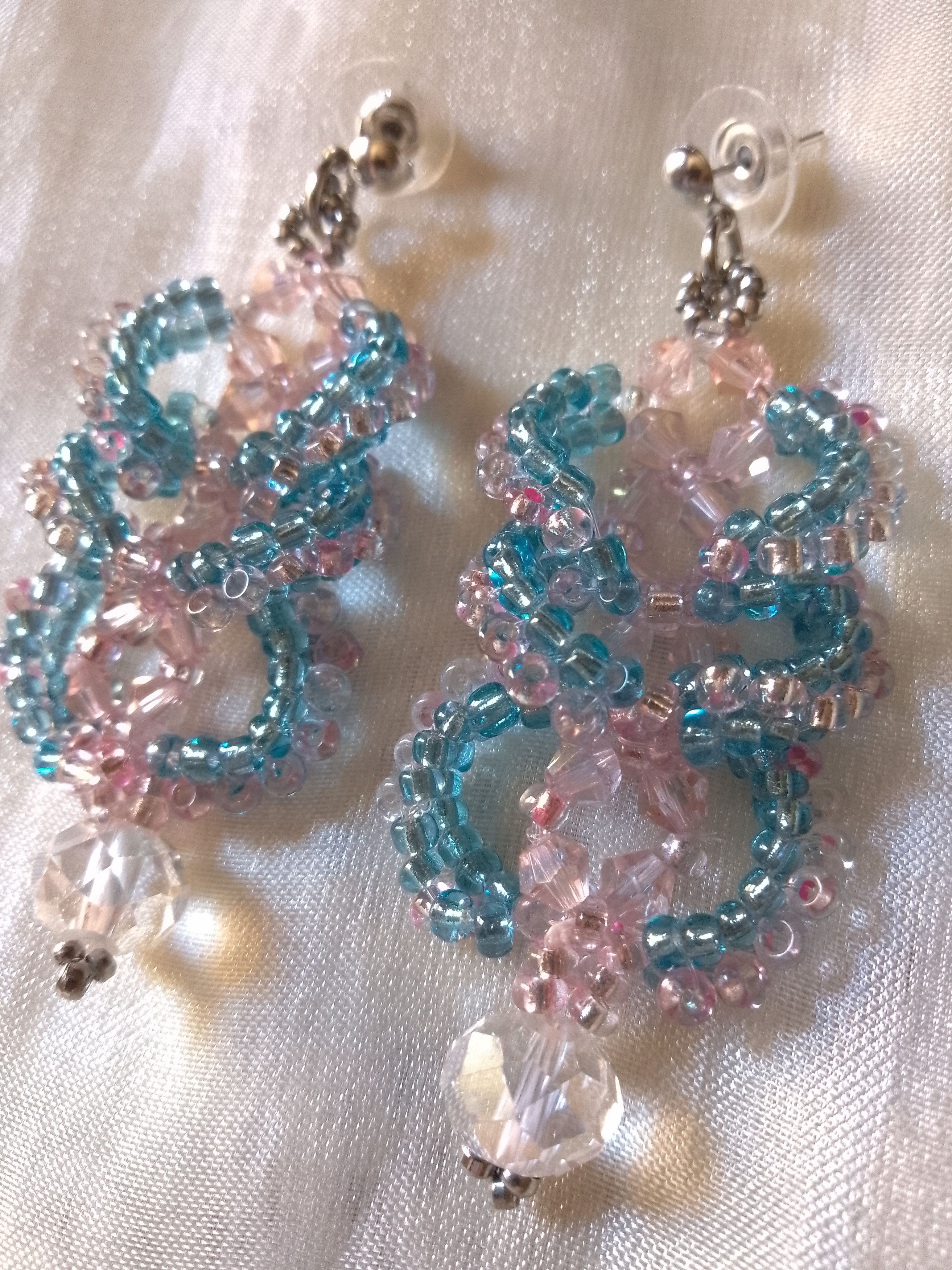 Handmade Earrings Braided Pink Crystal Beaded Elegant Size ONE SIZE - 2 Thumbnail