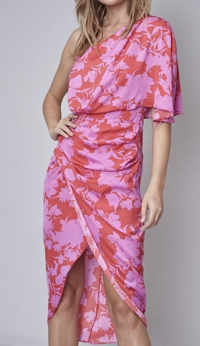 Other DO+BE One Shoulder Floral Ruched Midi Ruffled Sleeve Dress Size S / US 4 / IT 40 - 6 Thumbnail