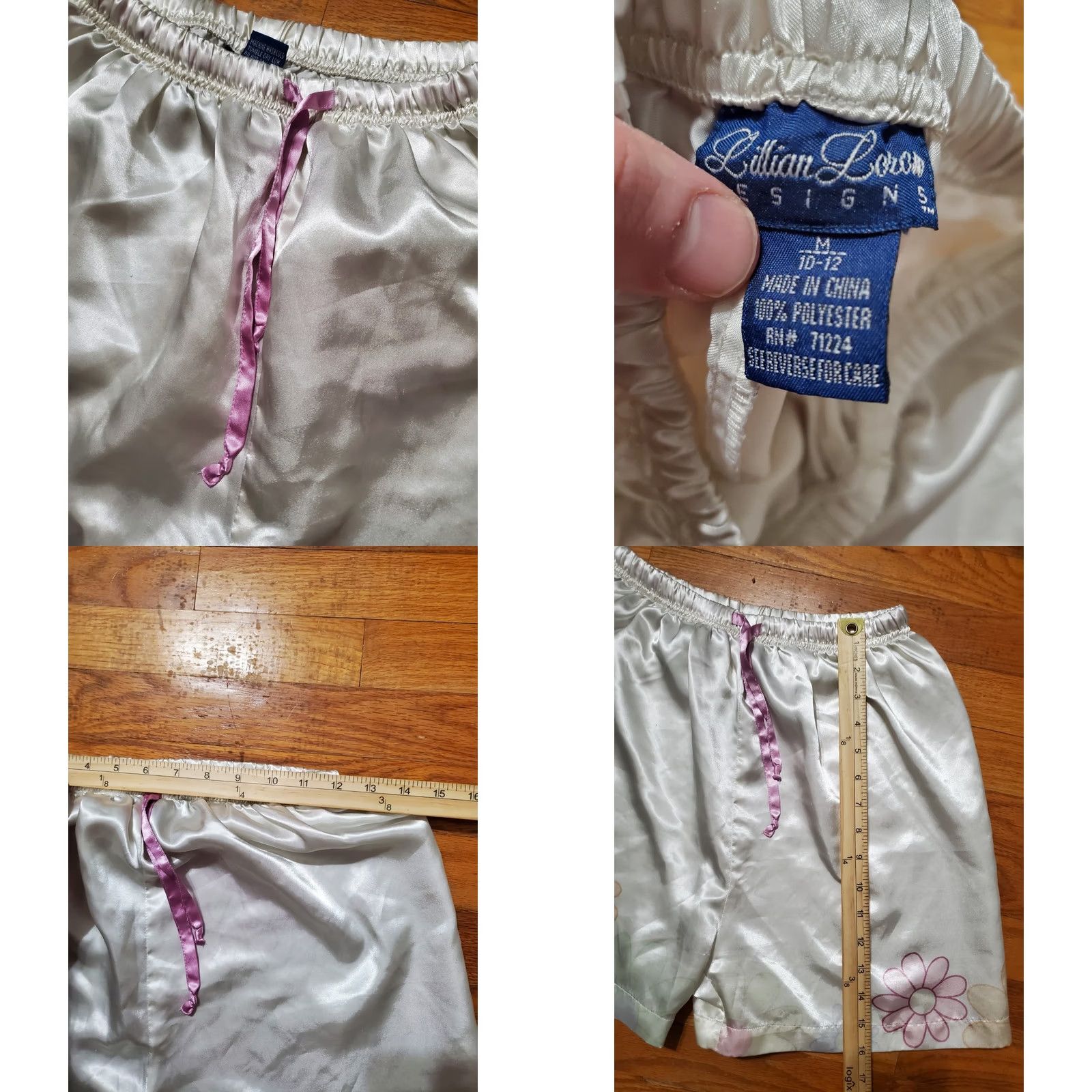 Vintage Lillian Lorow Satin Pajama Set Shirt Short Sleeve Button Up Pink Trim Womens Medium White Floral 90s Classic Lounge Set Size M / US 6-8 / IT 42-44 - 9 Thumbnail
