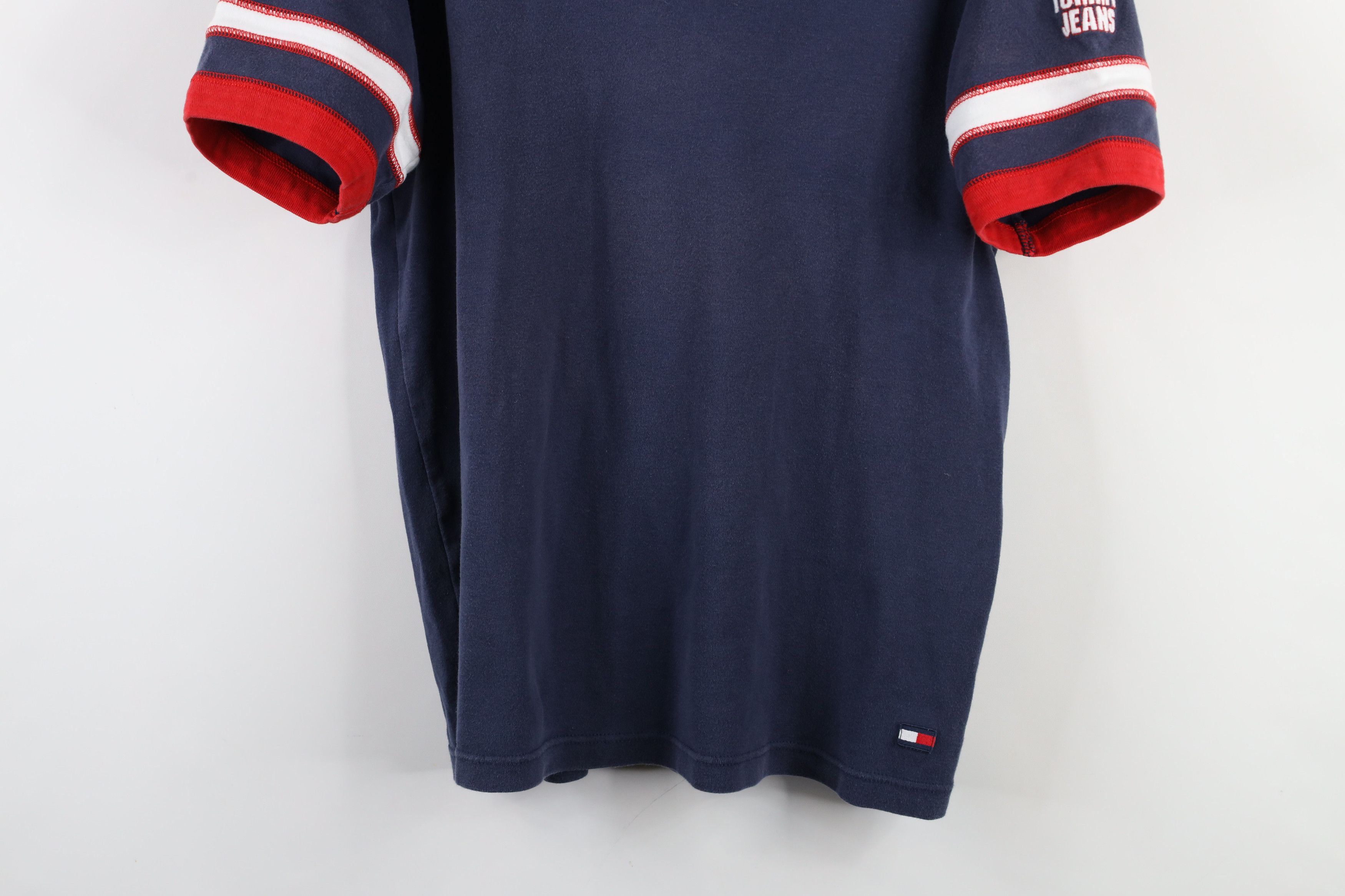 Tommy Hilfiger × Vintage Vintage 90s Tommy Hilfiger Spell Out Striped V-Neck T-Shirt Size US L / EU 52-54 / 3 - 3 Thumbnail