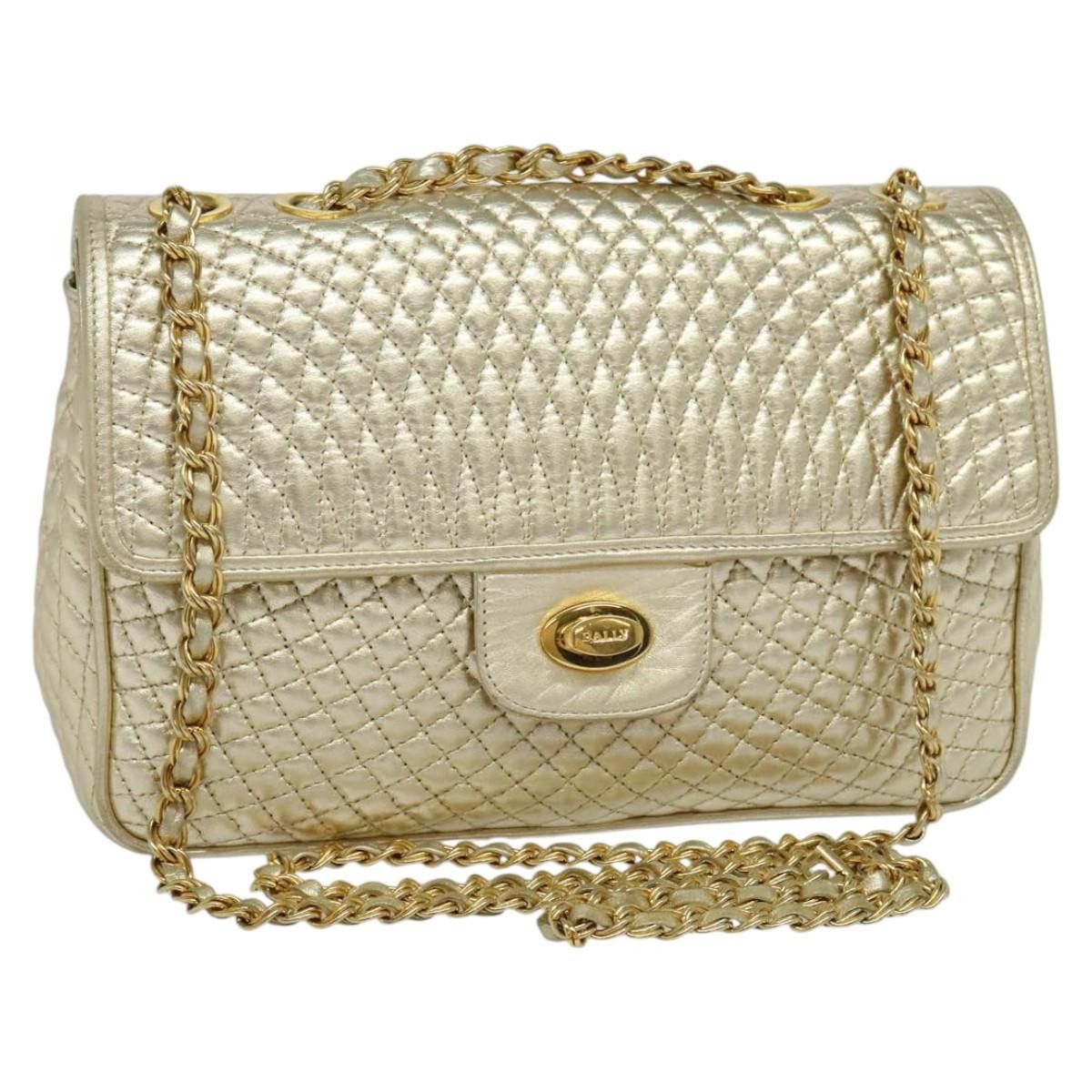Bally Quilted Chain Shoulder Bag Leather Gold Auth Mx068, Women's