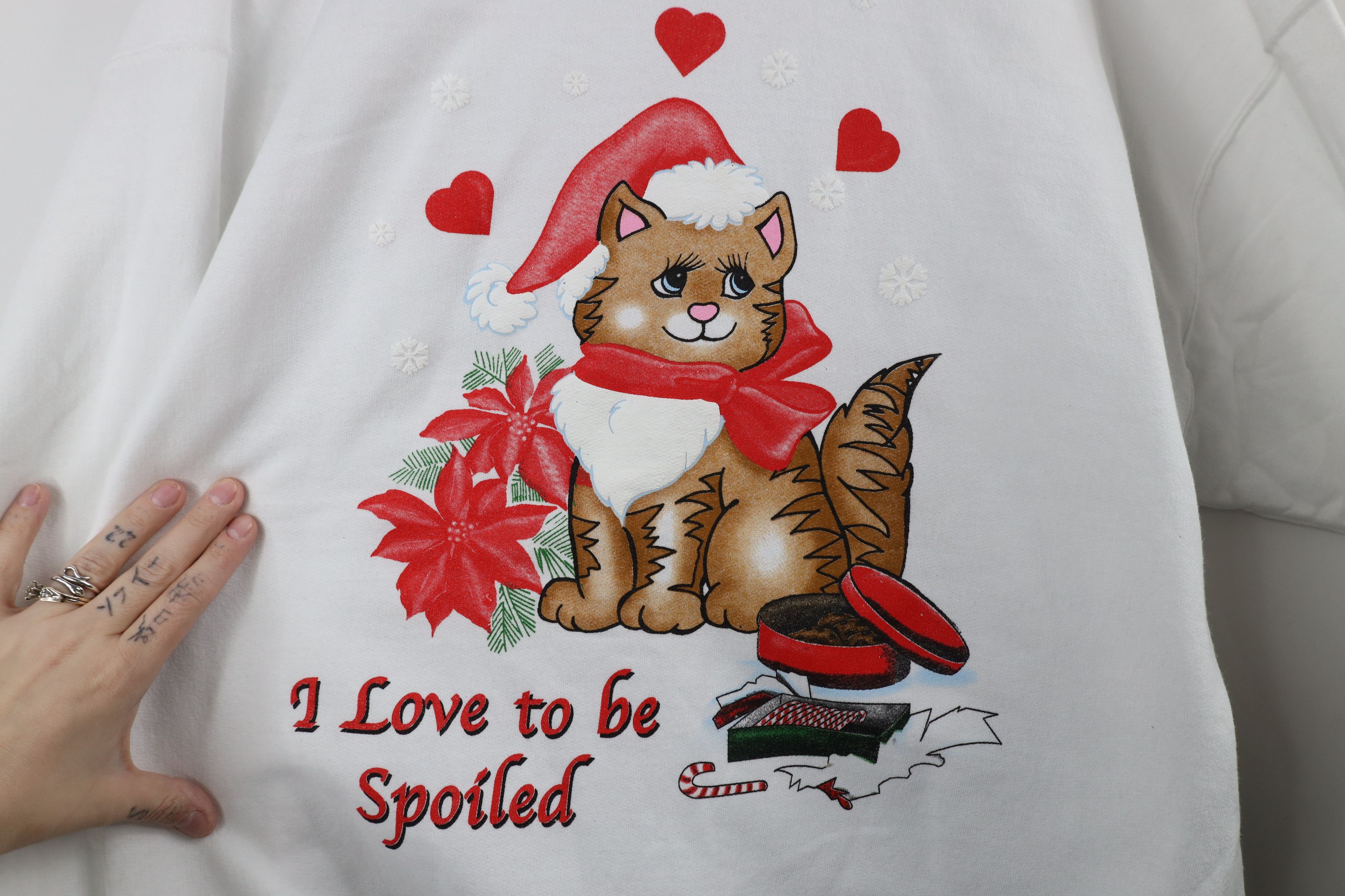 Vintage Deadstock Vintage 90s Christmas Cat Kitten Heart Sweatshirt Size L / US 10 / IT 46 - 4 Thumbnail