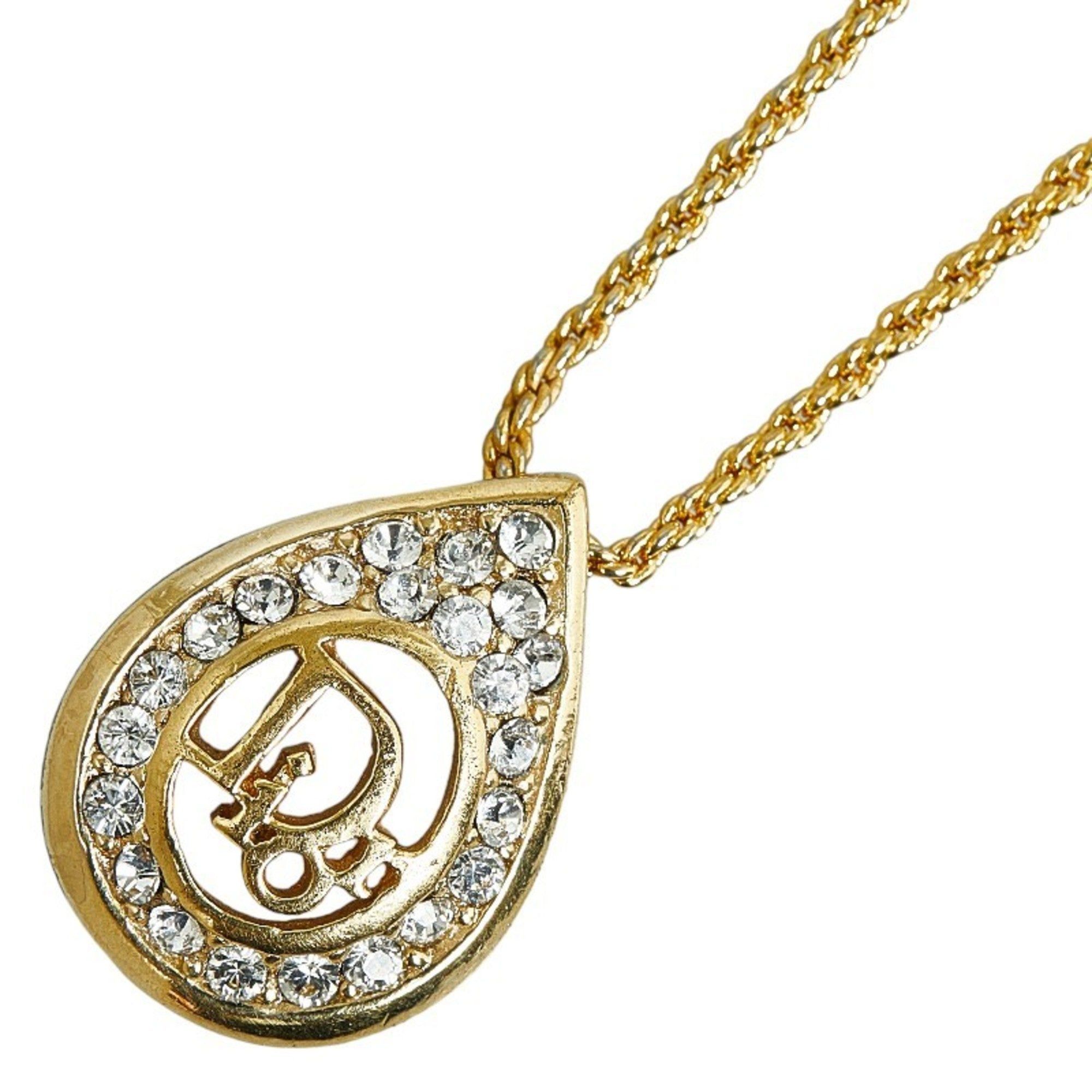 image of Christian Dior Dior Rhinestone Teardrop Motif Necklace Gold Plated Women's