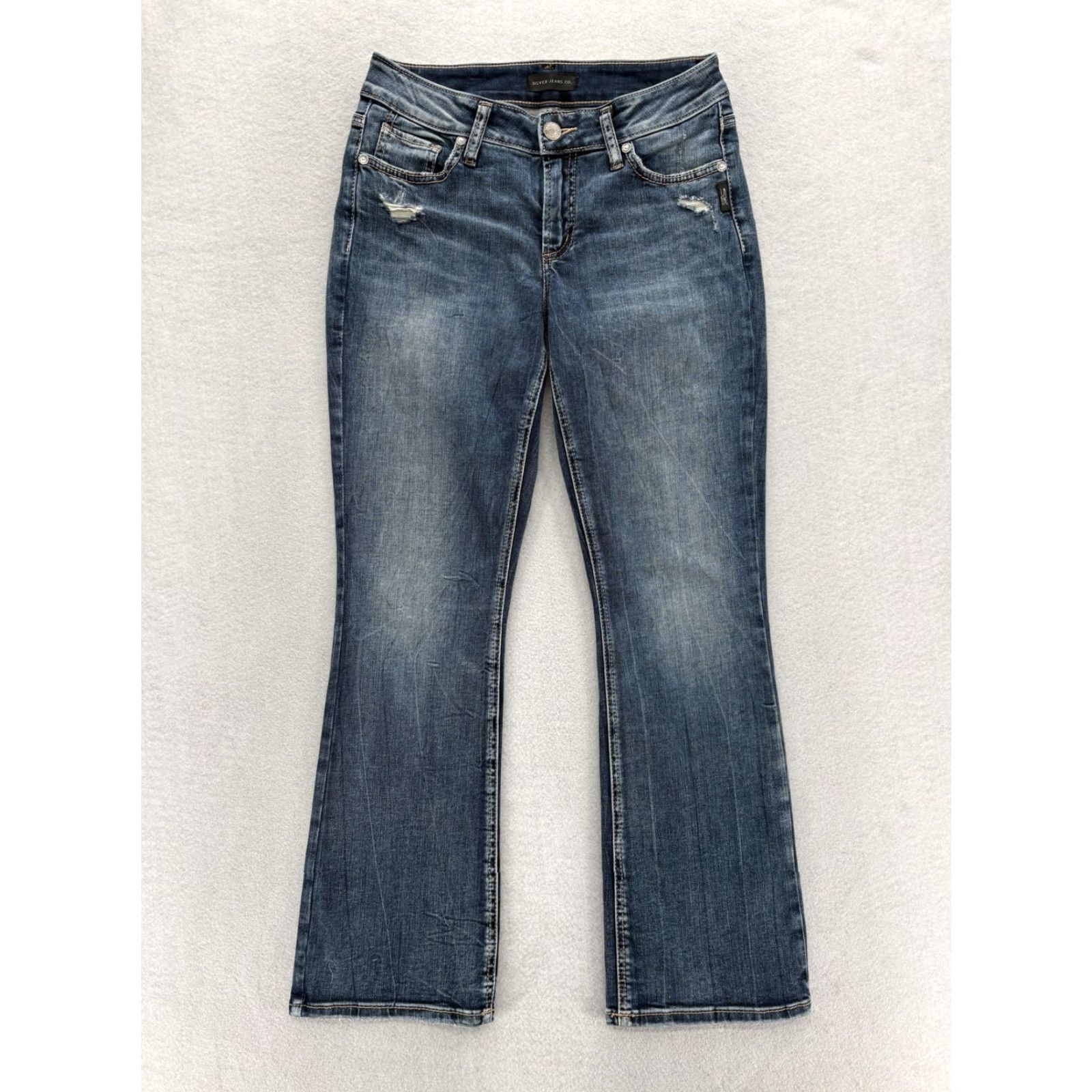 Silver Jeans Co. VINTAGE Silver Jeans Elyse Slim Boot Womens 27x29 Blue Mid Rise Distressed Denim Grunge Size 27" / US 4 / IT 40 - 2 Thumbnail