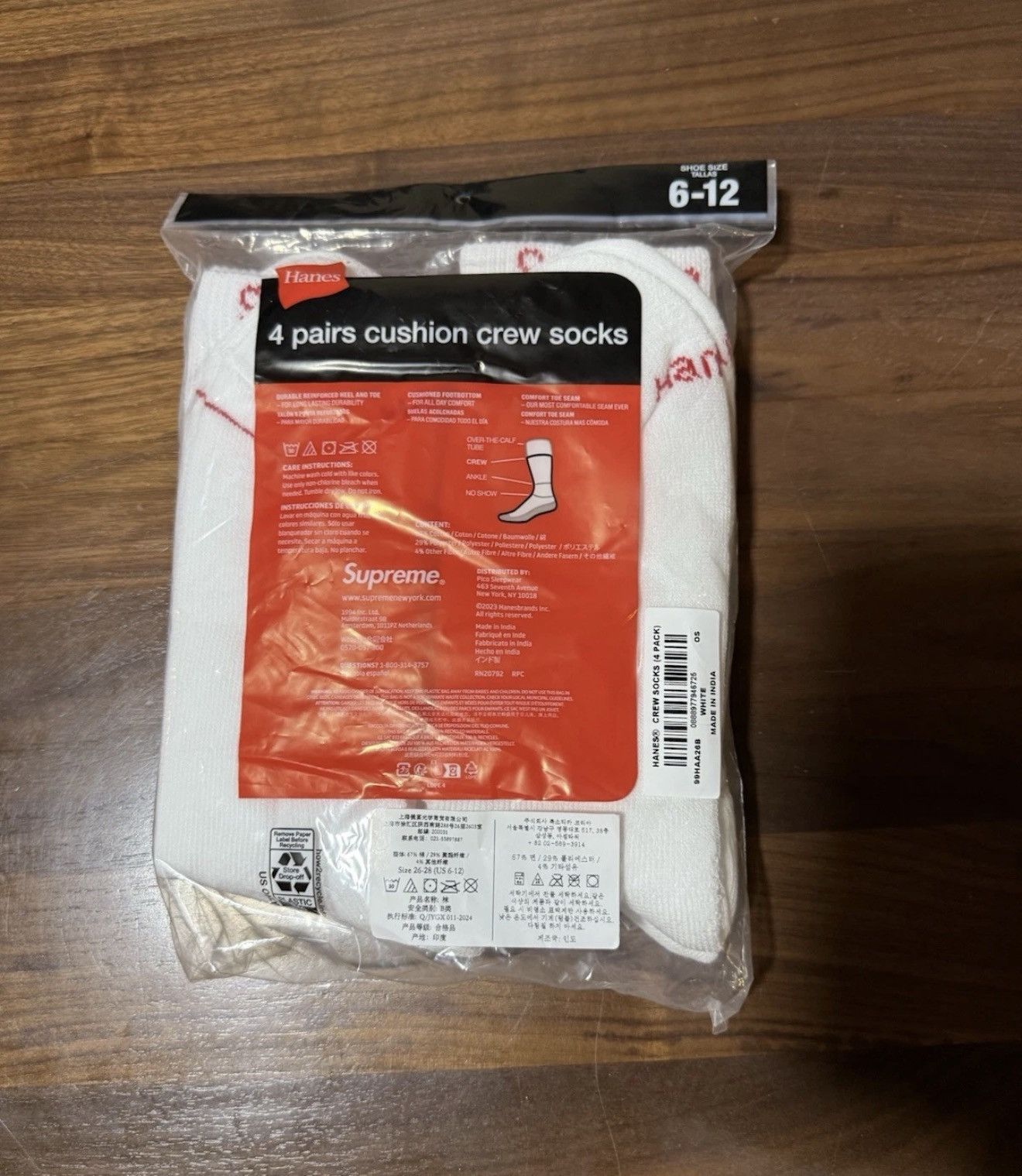 Hanes × Supreme SUPREME®/HANES® CREW SOCKS 4 PACK White Cotton Blend Size ONE SIZE - 4 Thumbnail