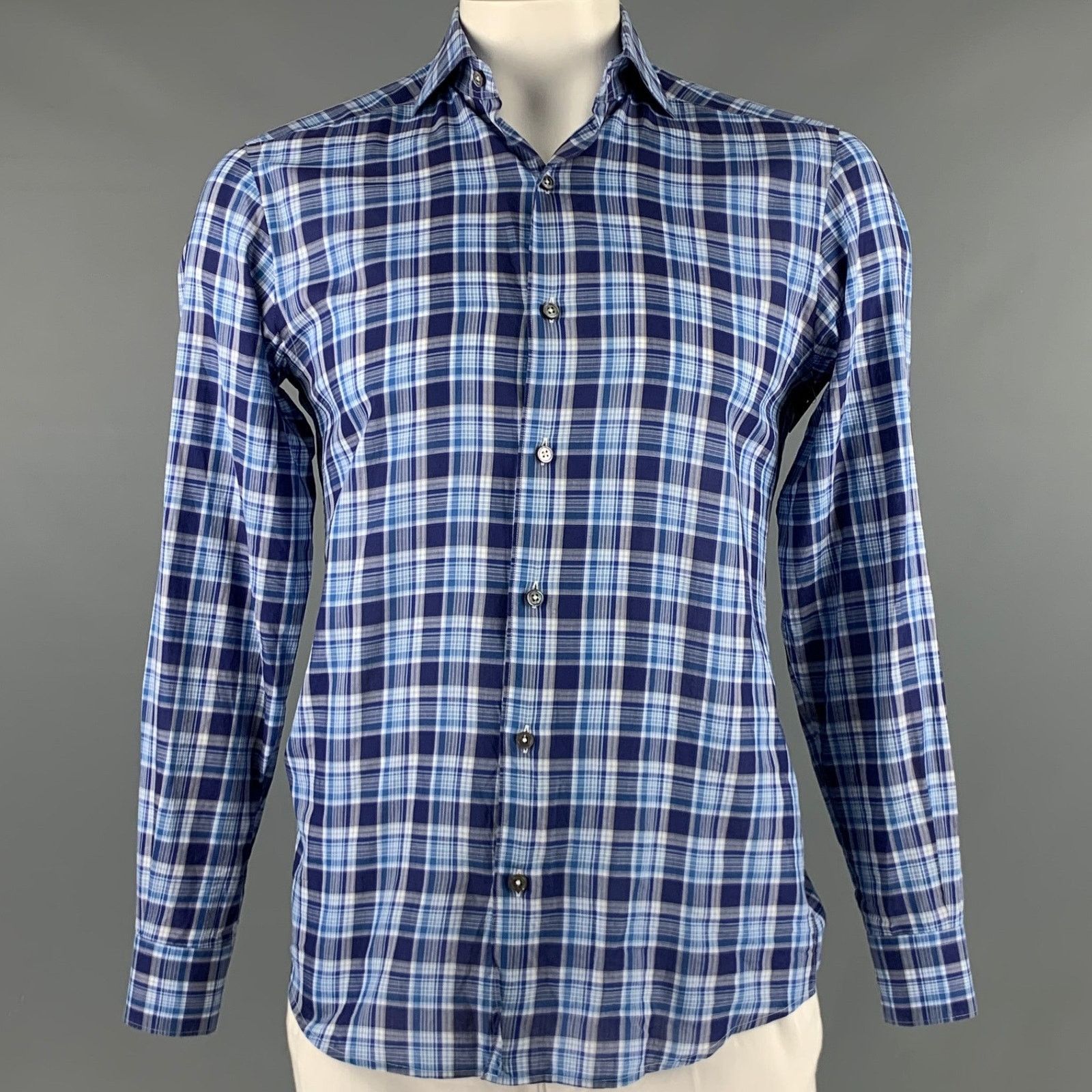 Ermenegildo Zegna ERMENEGILDO ZEGNA Blue White Plaid Cotton Long Sleeve Shirt Size US S / EU 44-46 / 1 - 1 Thumbnail