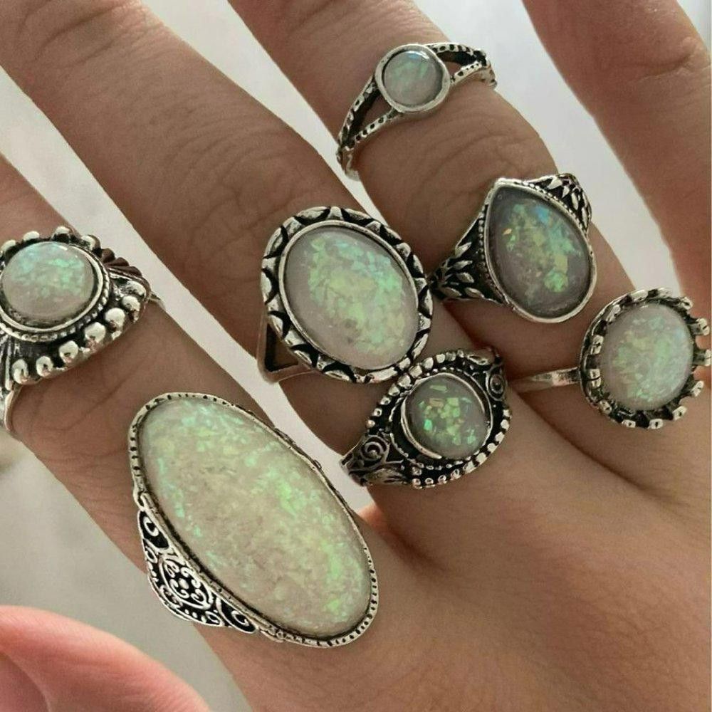 Designer 8pcs Vintage White Opal Antique Silver Ring Set Size ONE SIZE - 2 Thumbnail
