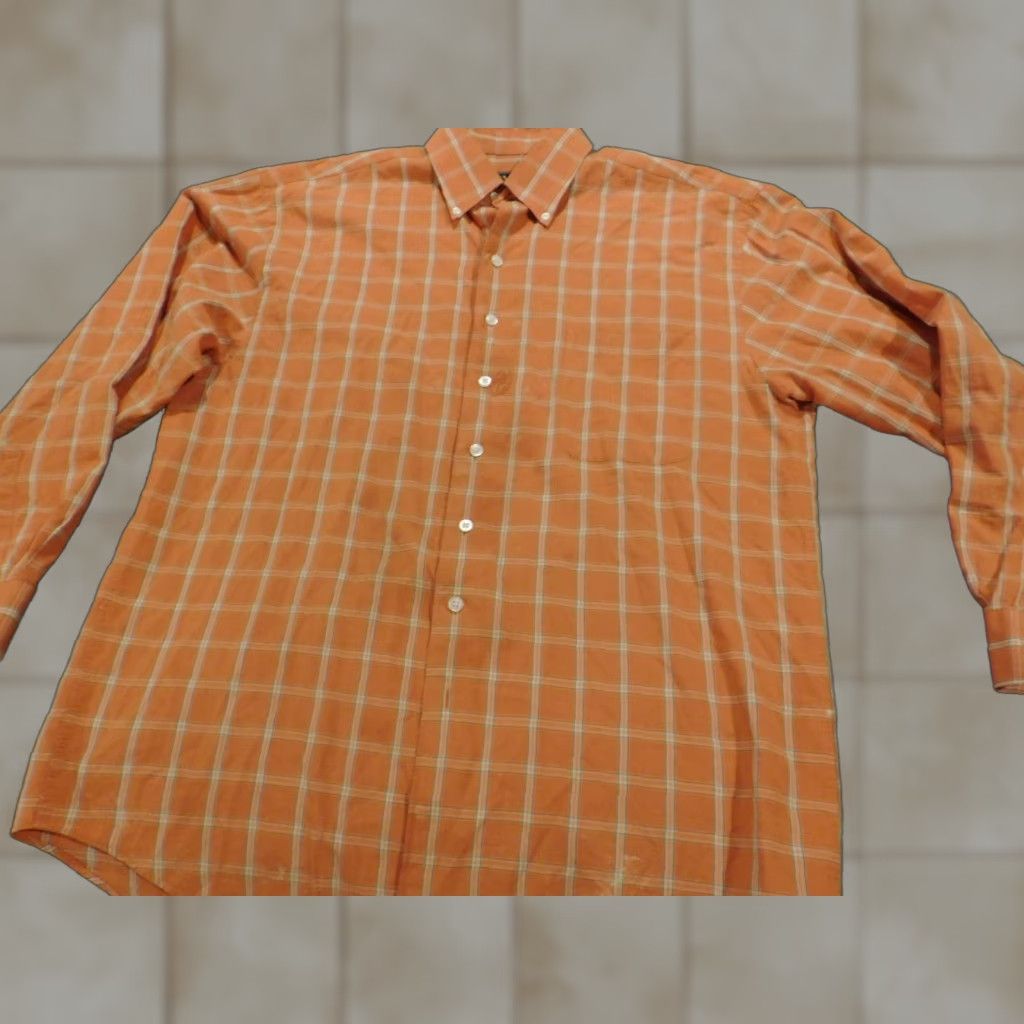 Vintage XMI Mens Shirt Medium Orange Plaid Button-Down Casual Regular Cotton Polyester Knit Long Sleeve Collared Button-Up Western Logo Size US M / EU 48-50 / 2 - 1 Thumbnail