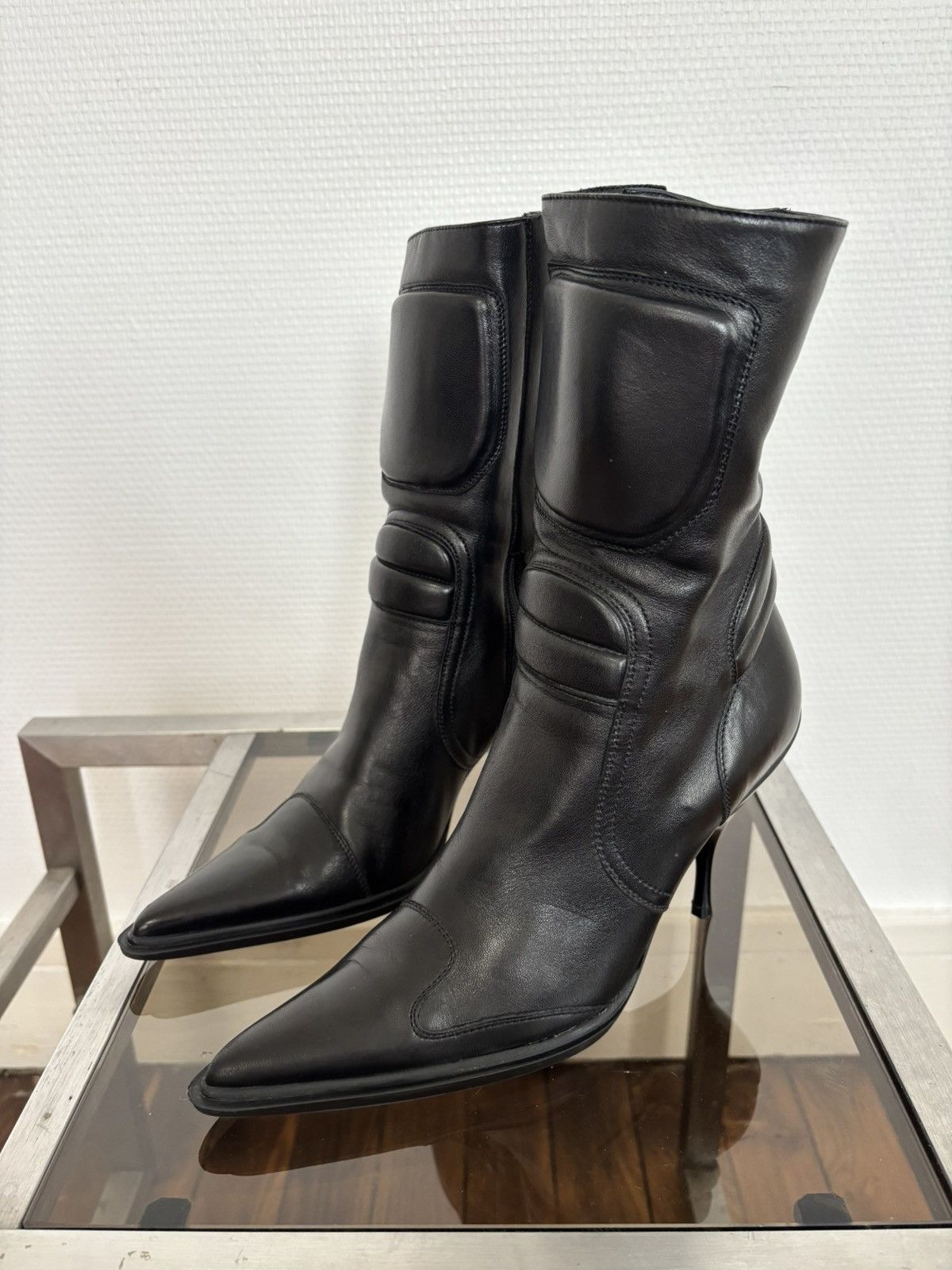 Miu Miu 00’s Vintage Miu Miu Black Padded Leather Biker Heel Boots Size US 7 / IT 37 - 4 Thumbnail