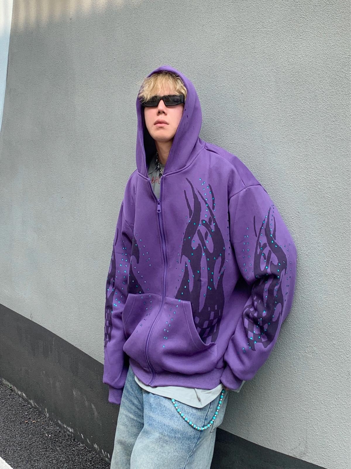 Japanese Brand Tribal Flame Rhinestone Zip Hoodie Size M / US 6-8 / IT 42-44 - 1 Thumbnail
